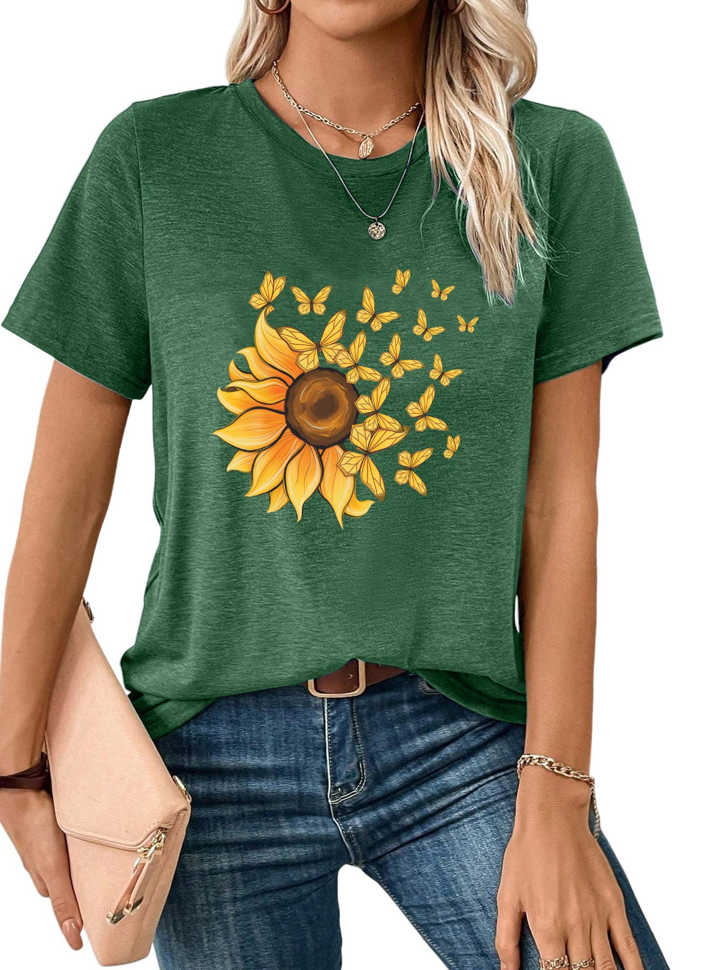Rundhalsshirt Damen Casual Kurzarmshirt mit Sonnenblume Druck bequemes t shirt