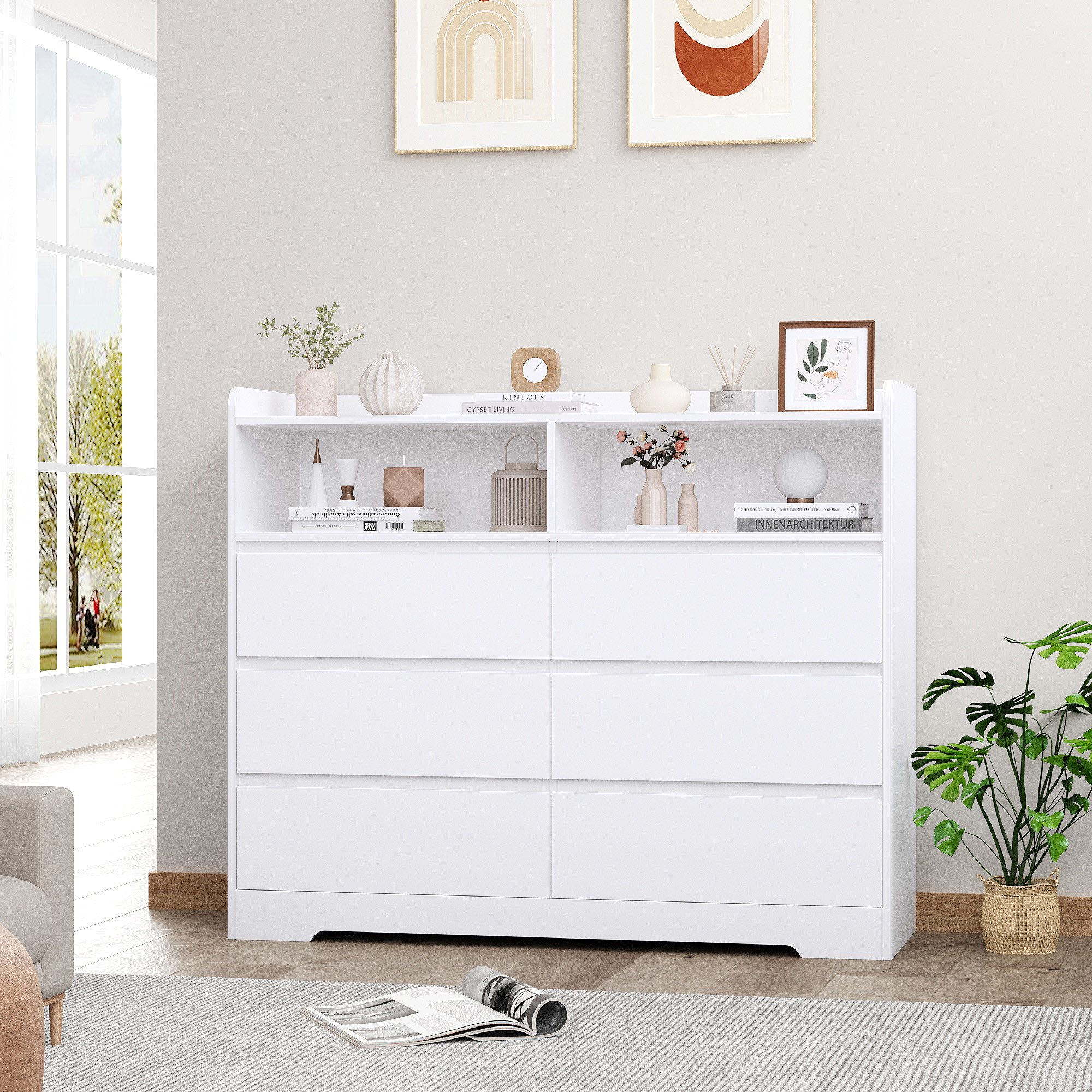 Homfa Kommode Sideboard Komodenschrank, mit 6 Schubladen und 2 offenen Fächern, Breite 120cm Höhe 100cm