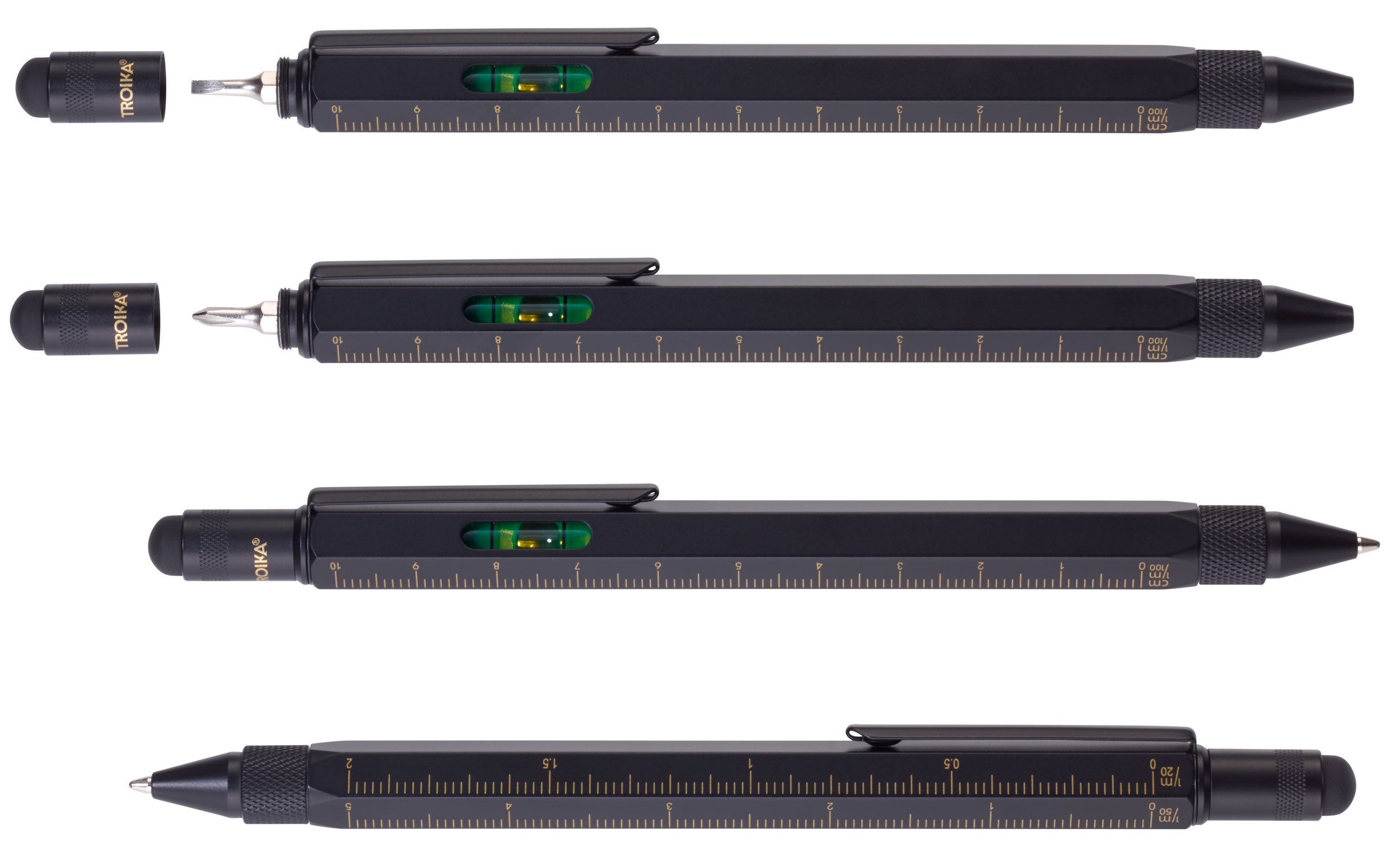 TROIKA Kugelschreiber CONSTRUCTION – 6-in-1 mit Wasserwaage, Schraubendreher & Lineal, (1-tlg., in verschiedenen Farben, schwarze Mine), Multifunktionsstift mit Stylus, Geschenk für Männer & Heimwerker