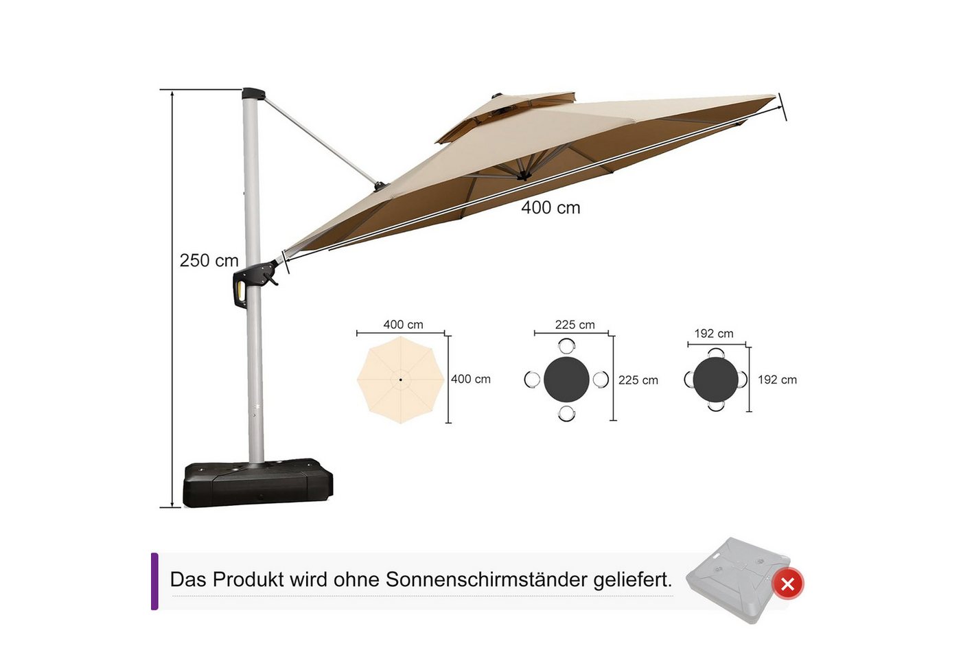Thumbnail - PURPLE LEAF Ampelschirm Rundes luxuriöses Außenbereich Doppeldach Sonnenschirm, Gartenschirm, LxB: 400,00x400,00 cm, für...
