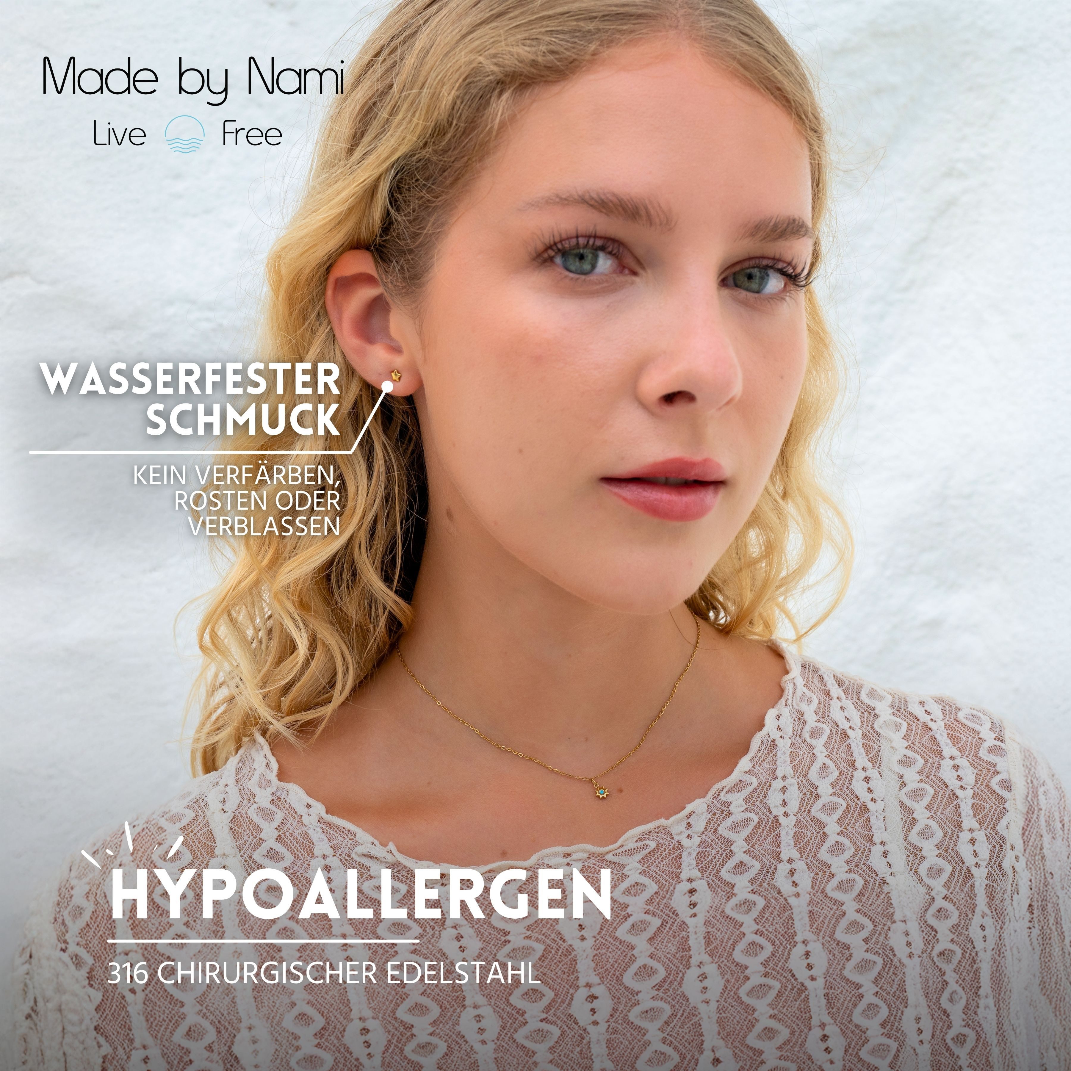 Made by Nami Paar Ohrstecker Damen Stern Mond Edelstahl goldfarben hypoallergen wasserfest, mit Stern - minimalistisches Design – wasserfest