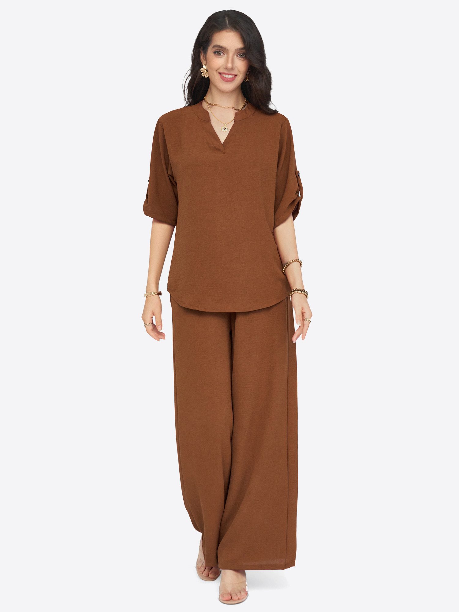 Imily Bela Hausanzug Damen 2-teiliges Freizeit-Set mit Roll-up-Ärmeln und Palazzohose (Set, 2 tlg., Bluse + Palazzohose) in Unifarbe