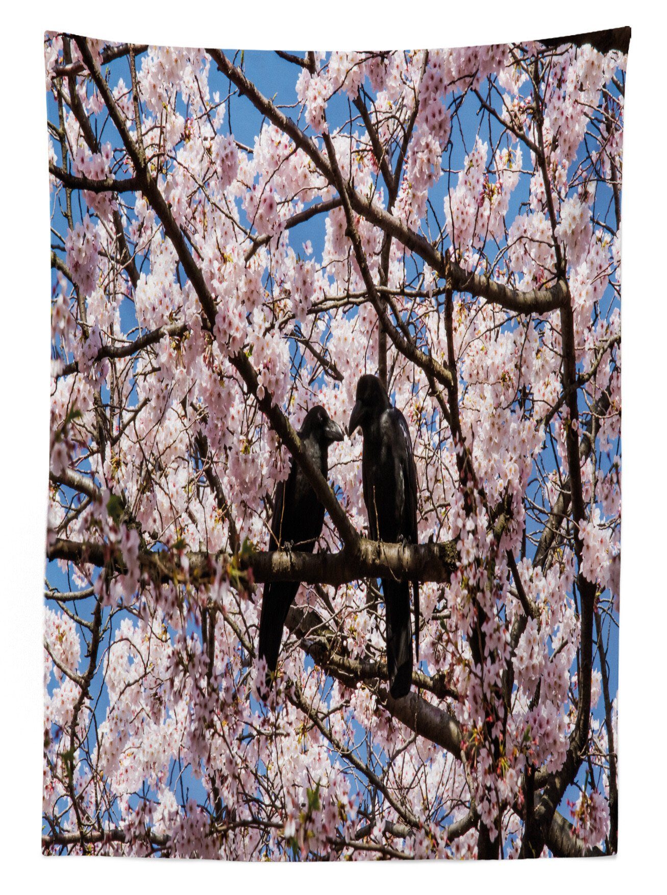 Abakuhaus Tischdecke Farben, Schwarze Bereich Vögel Waschbar Außen Kirschblüte-Baum auf Für Krähe geeignet Farbfest Klare den