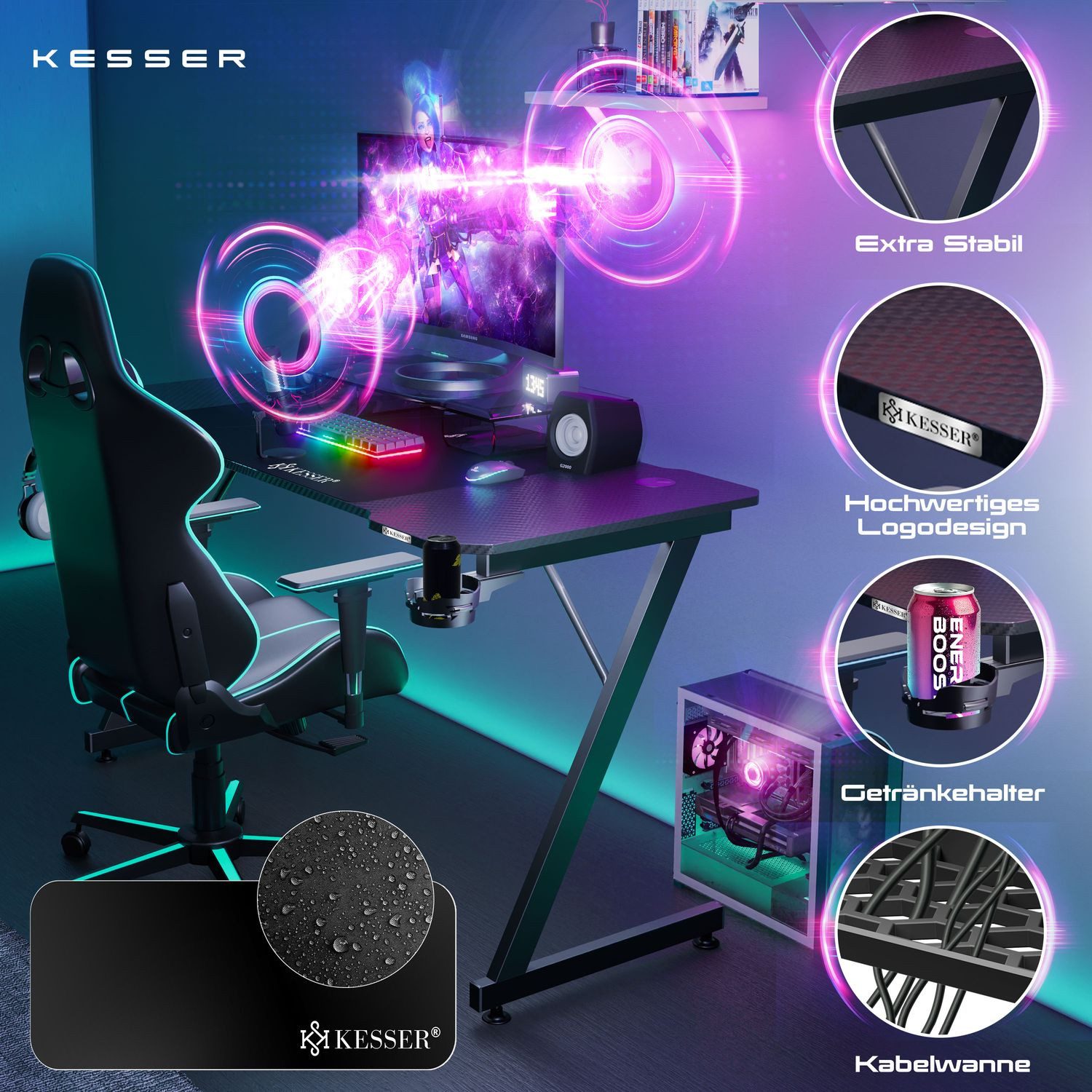 KESSER Gamingtisch, Gaming Schreibtisch mit Getränkehalter Ergonomischer Gamer Tisch