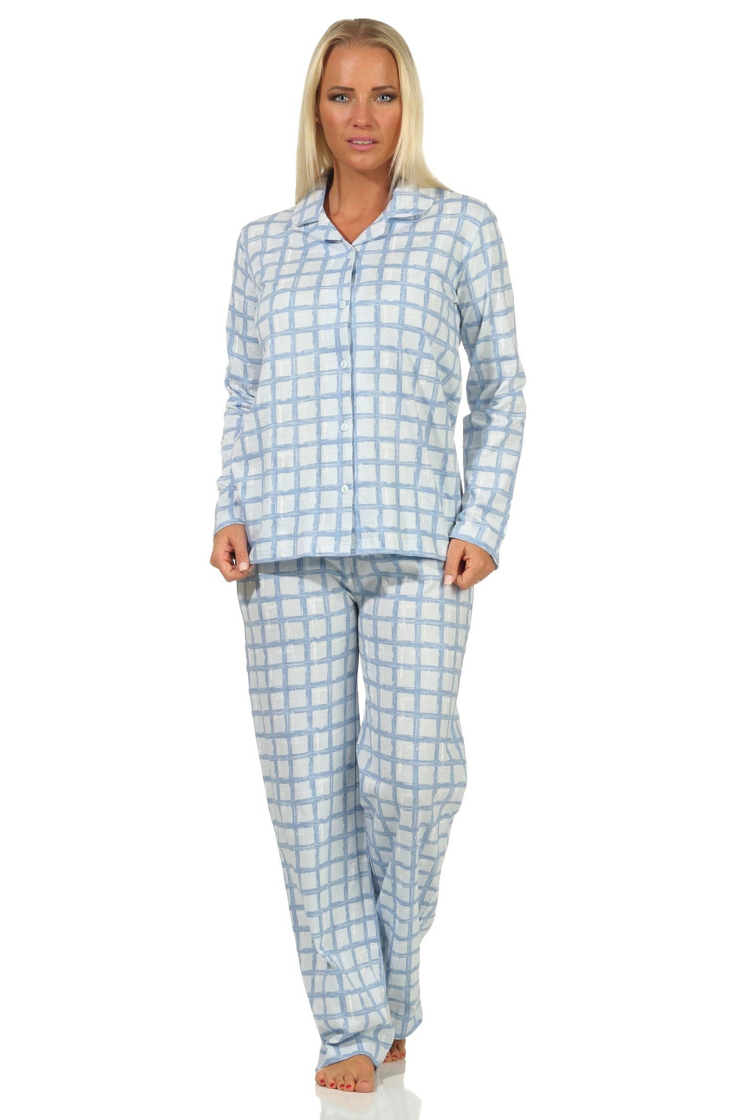 Normann Pyjama Damen Pyjama aus Jersey zum durchknöpfen in Karo Optik hellblau