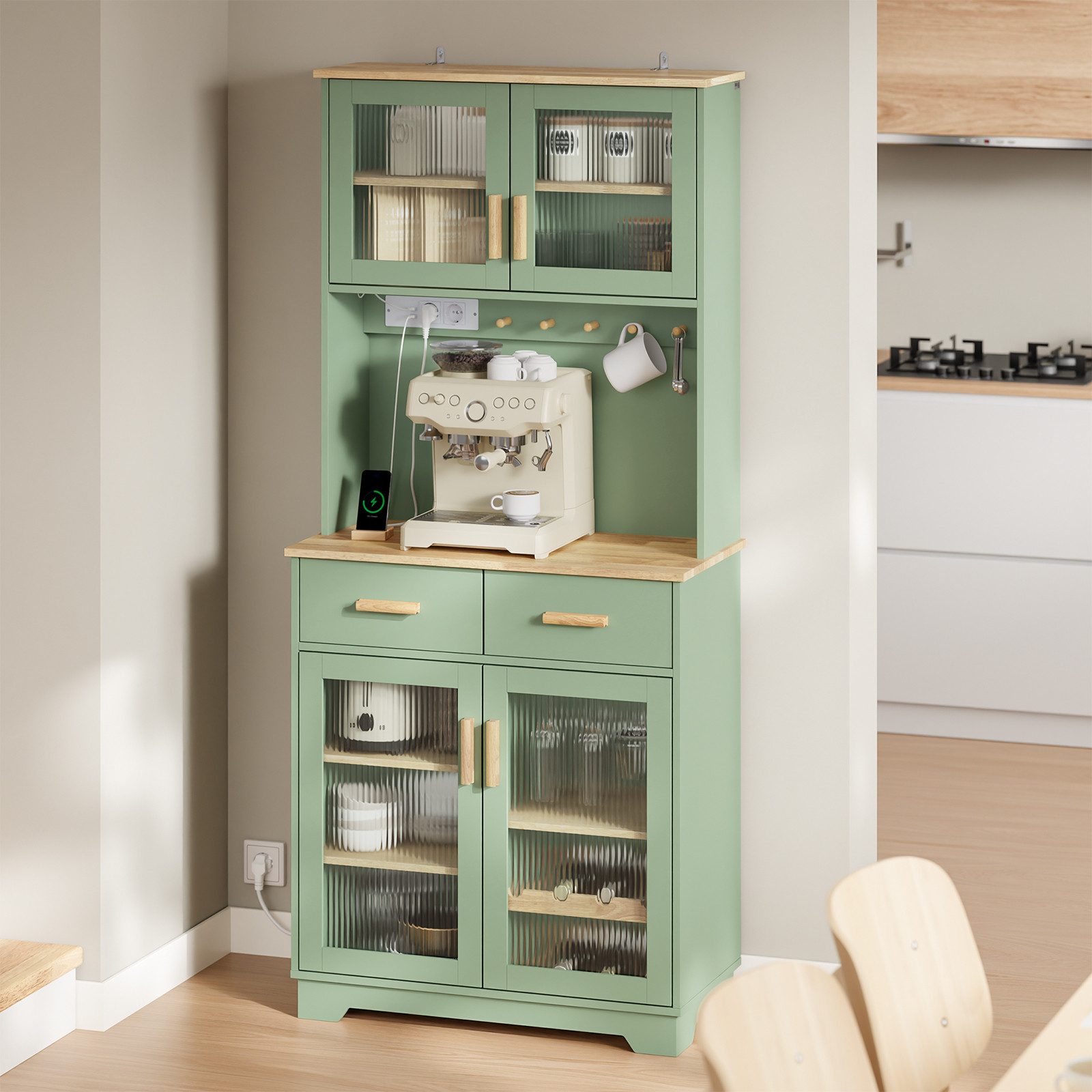 SoBuy Hochschrank FSB108-E, Küchenbuffet mit Arbeitsplatte, Vitrinenschrank mit LED (1er Set) Grüner Schrank mit LED, Steckdosen und USB-Anschluss für Küche
