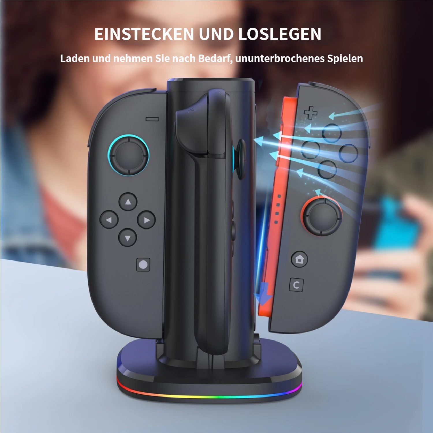 KINSI Switch 2 Controller Ladestation, Mehrfachladegerät für 4 Joy-Cons Controller-Ladestation (mit RGB Beleuchtung & LED Ladestatusanzeige)