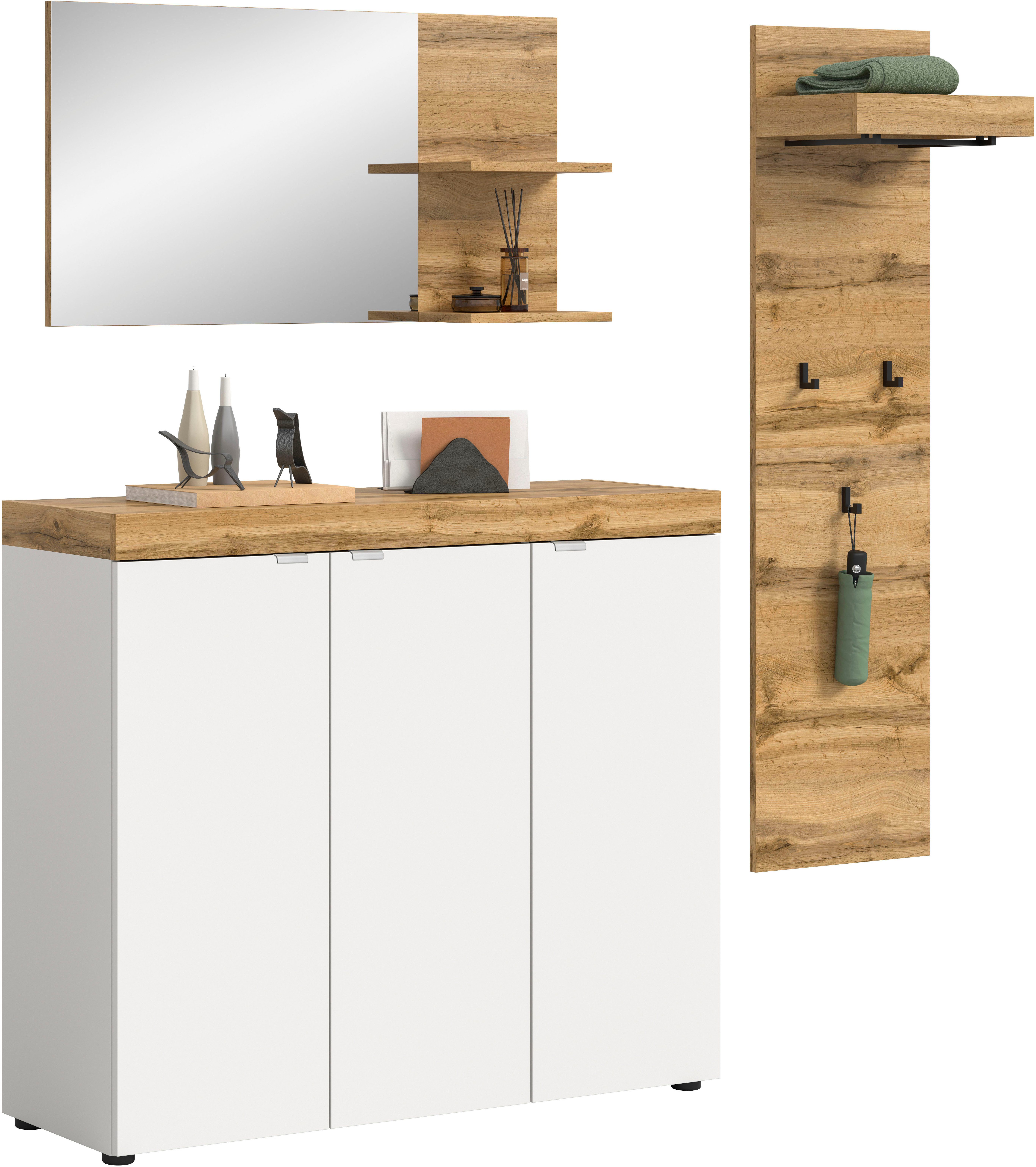 OTTO home Garderoben-Set MAMBO II, 3-teilig, hängend oder stehend montierbar, (3-St., bestehend aus: Schuhschrank, Spiegel & Garderobenpaneel), Garderoben-Kombi, Garderobe, Flur, Diele