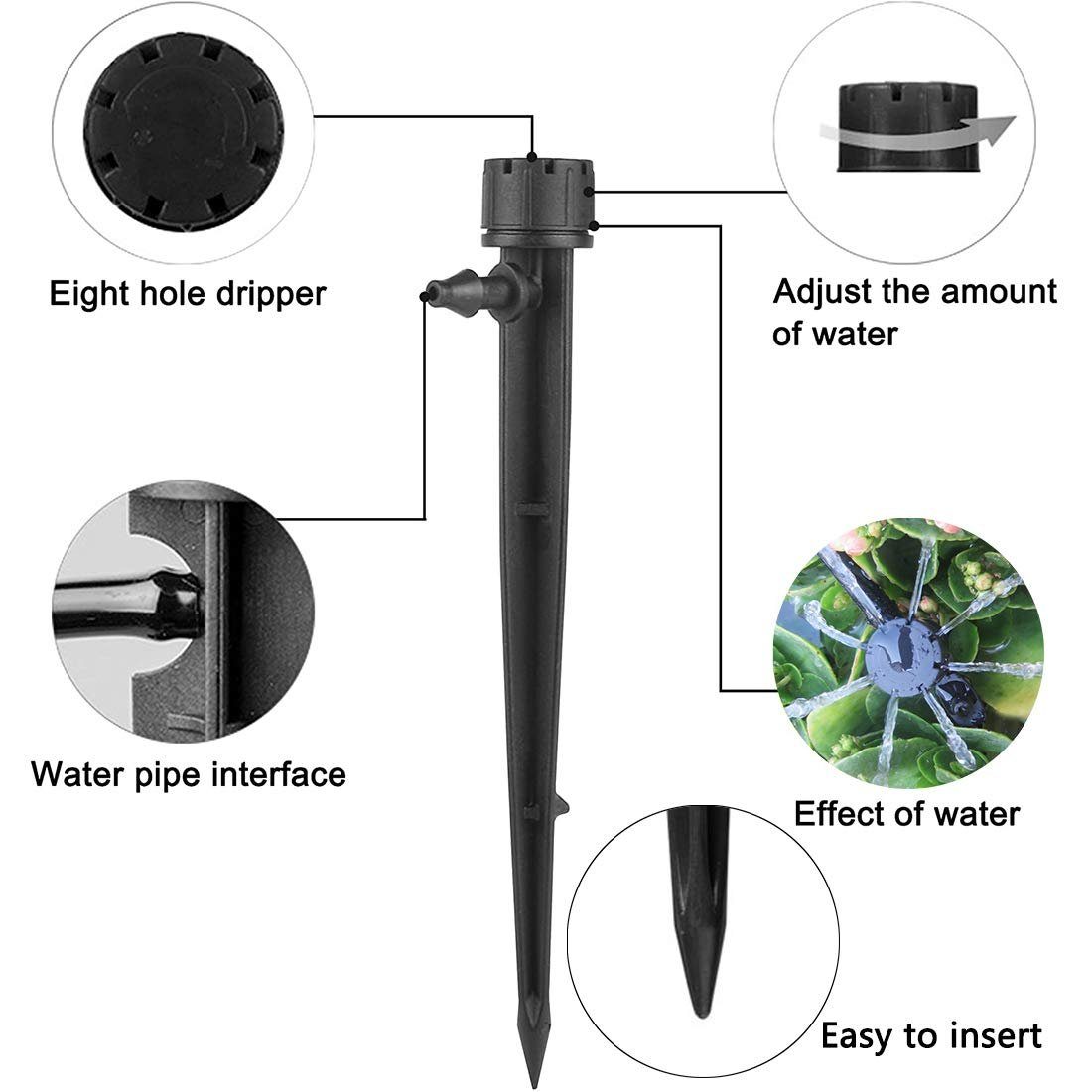 200 Tropfbewässerungsstrahler – 360° Verstellbar, Für 1/4" Schlauch, PE-Kunststoff, Max. 120 L/h