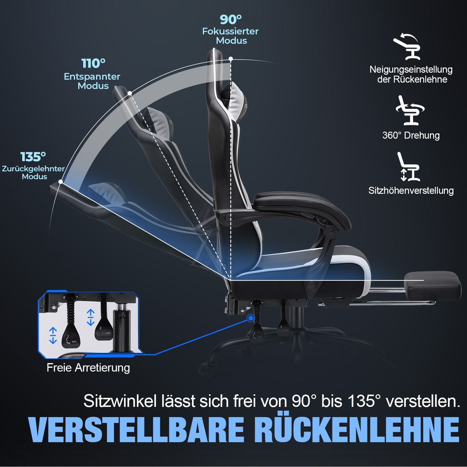 GTPLAYER Gaming-Stuhl Gaming Stuhl Chair Gamer Sessel - Ergonomischer Gamer Stuhl, mit Fußstütze Kopfstütze und Lordosenstütz 180kg