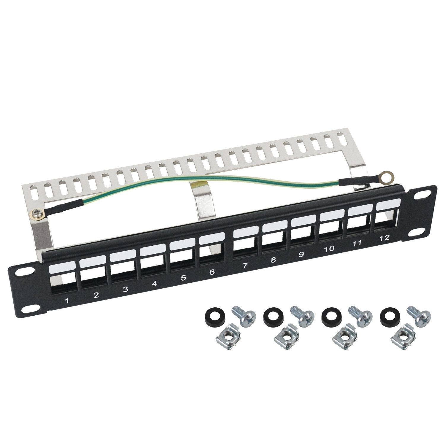 HMF Serverschrank 63346-02 STP Keystone-Patchpanel für Serverschrank, 10 Zoll, 1 HE, 12 Ports RJ45 Geschirmt, Schwarz