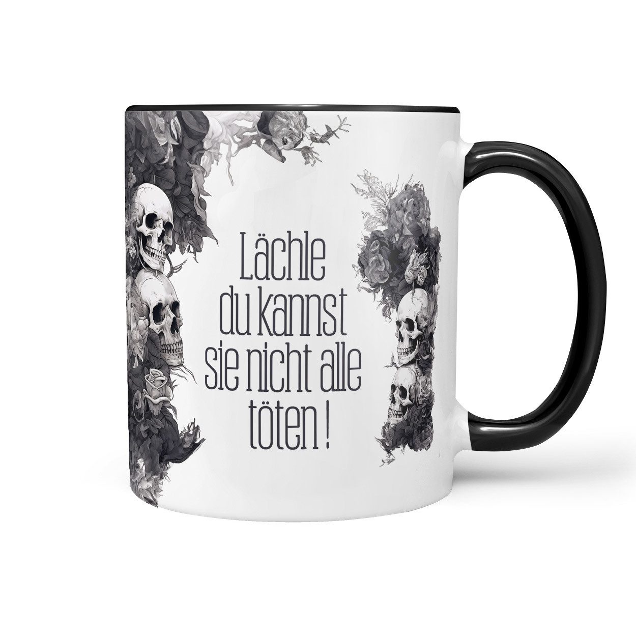Sunnywall Tasse Lächle, du kannst sie nicht alle töten - Spruch Tasse Totenkopf, Keramik, inkl. Geschenkkarte