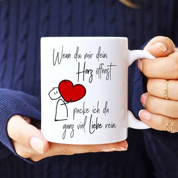 Cadouri Tasse HERZ ÖFFNEN Liebestasse, Partnertasse - Valentinstag, Keramik, Geschenk für den Partner, beidseitig bedruckt, handgefertigt, 330 ml