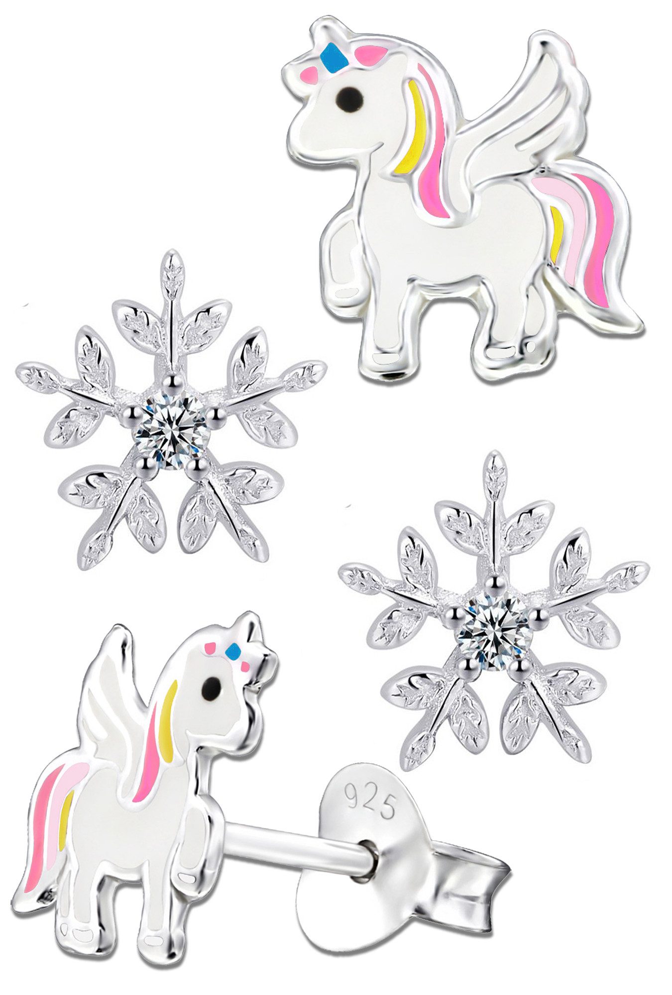 Limana Ohrstecker-Set Ohrringe echt 925 Silber Einhorn Pferde Sterne Schneeflocke, Geschenkidee Winter Weihnachten Kinderohrringe