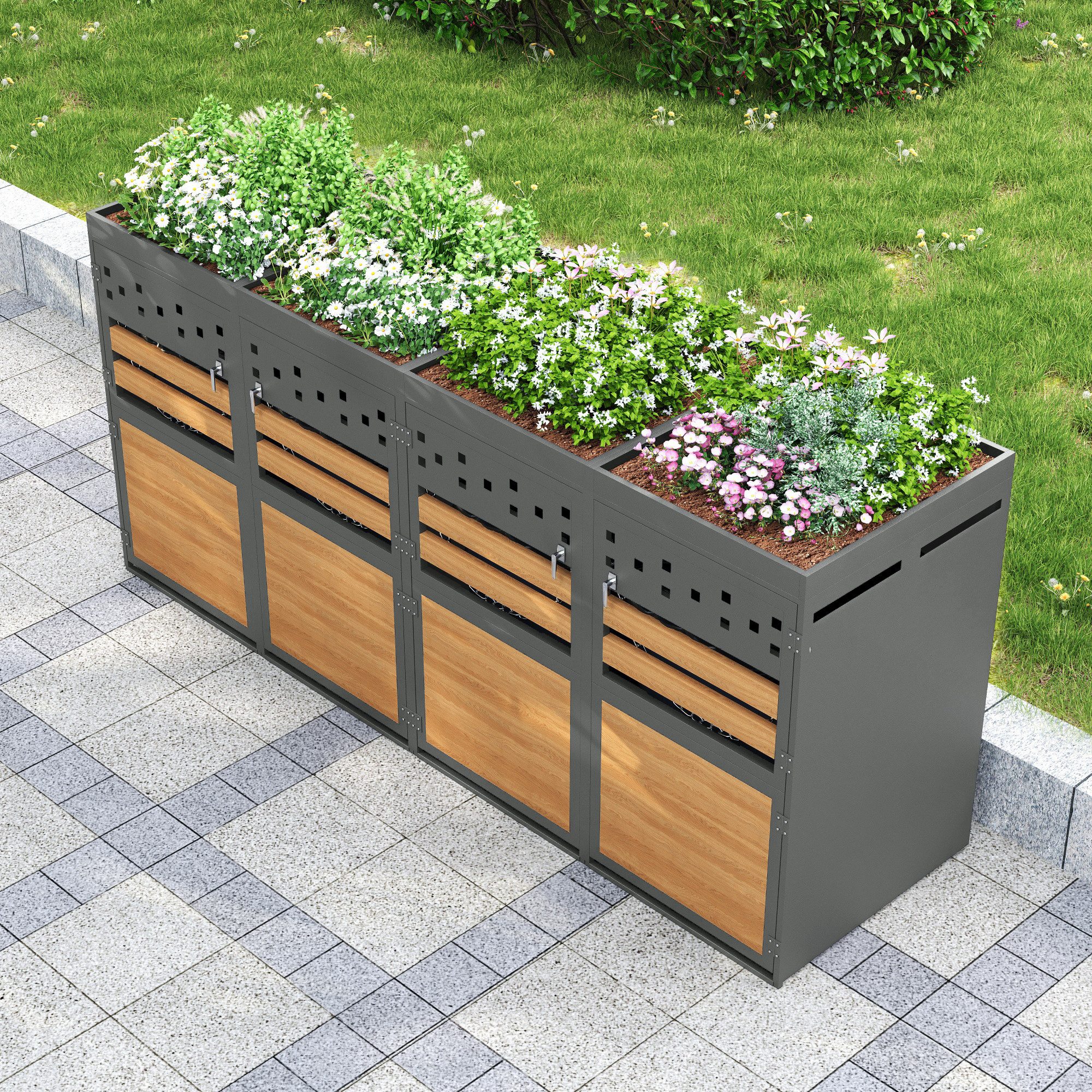 EXTSUD Mülltonnenbox Mülltonnenbox 120–240 L mit Pflanzdach, Anthrazit/Holz, abschließbar (2 St), Holzoptik,Aufbewahrungsbox für Mülltonnen, Müllbox