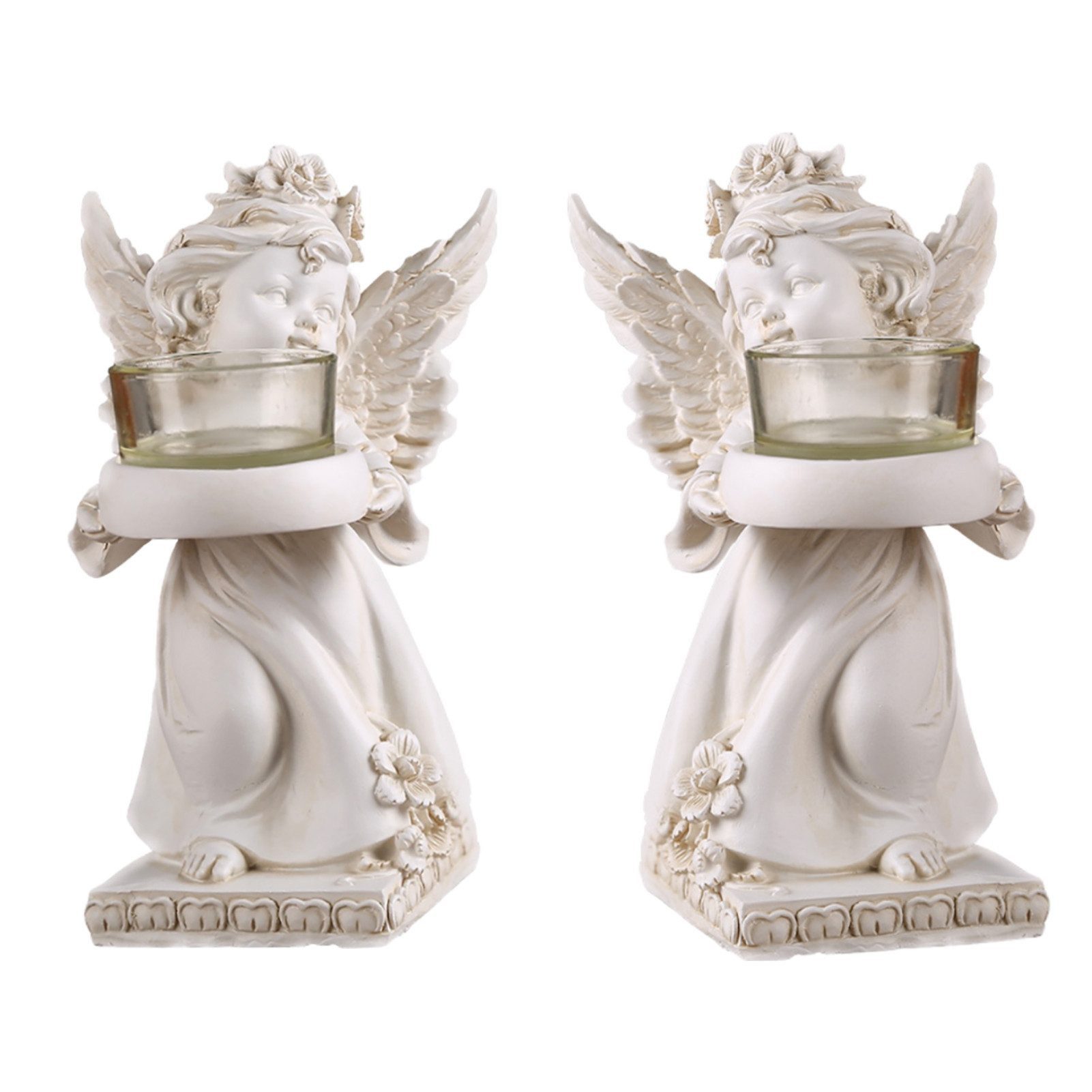 Jumpeak Kerzenständer Kerzenständer 2er Set Engel Deko Kerzenhalter Weißer Engel Kerzen (Paar-Set, Paar-Set gestaltet für symmetrische Deko (ideal für Tischzentren), Hergestellt aus Harz, weiß,Länge 12cm, Breite 10cm, Höhe 19cm(jede)