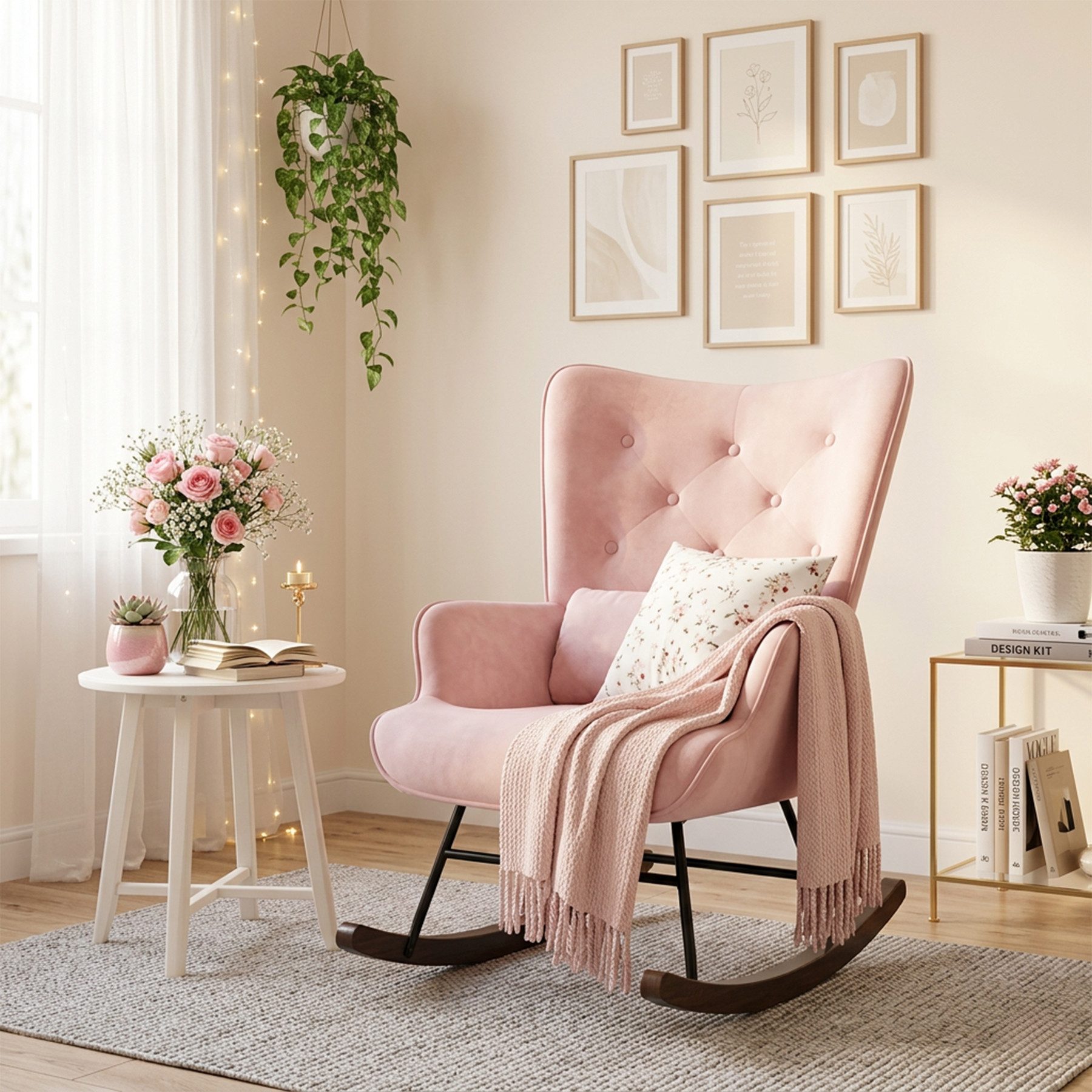 HomeMiYN Schaukelstuhl HOMEMiYN Schaukelstuhl Wohnzimmer mit Metallgestell und Holzsockel, Aus holz