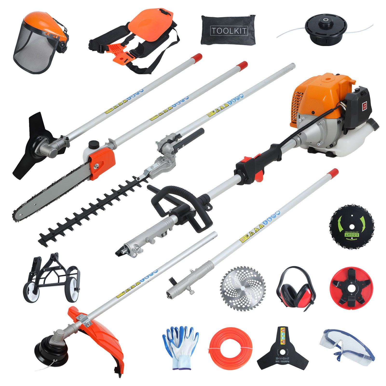 Rutaqian Benzin-Motorsense 8in1 Rasentrimmer Heckenschere, 52ccm 2 Takt-Benzinmotor, 25cm cm Arbeitsbreite Messer, Benzin-Freischneider Easy-Start, 25cm Schnittbreite
