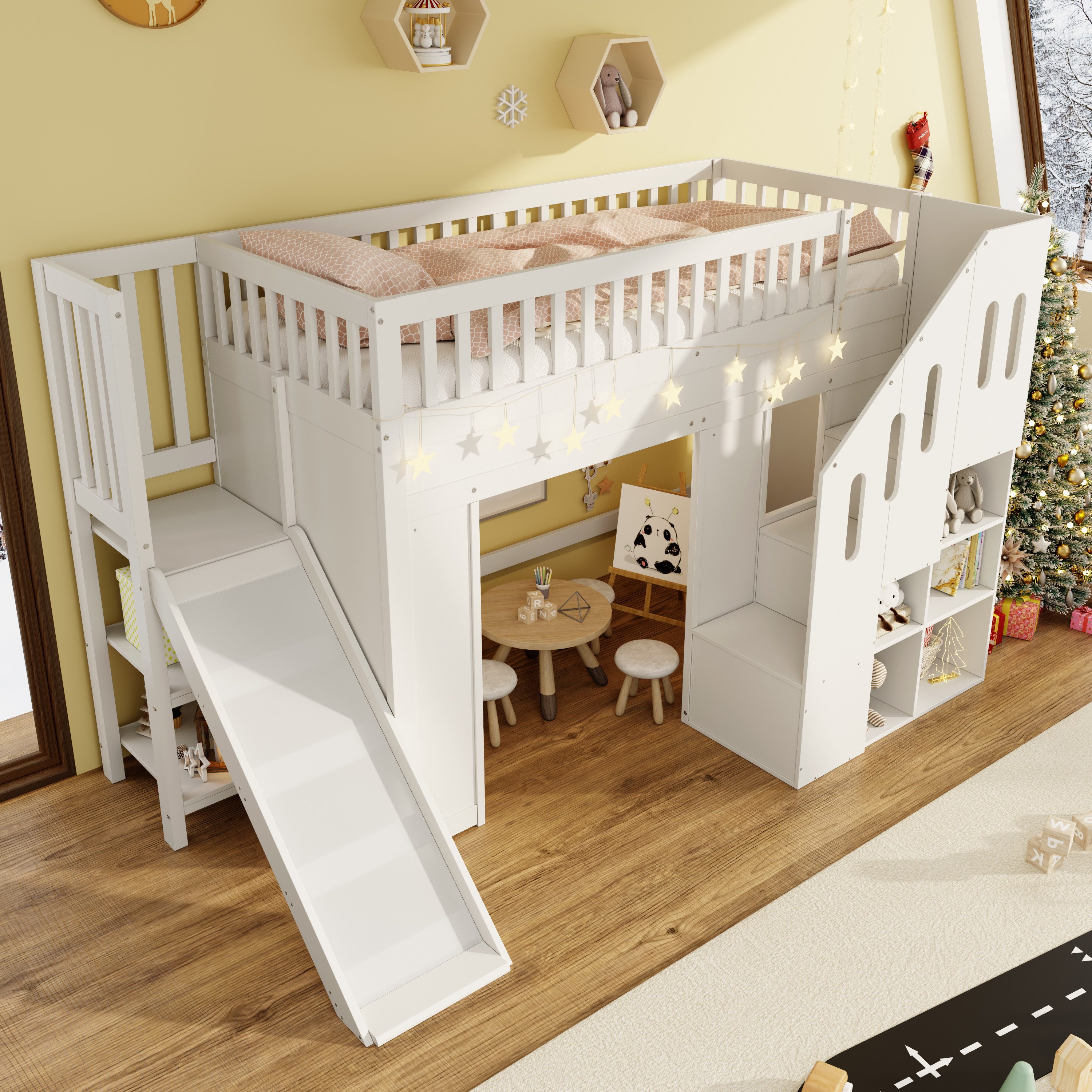 Flieks Etagenbett, Hochbett Kinderbett 90x200cm mit Rutsche Stauraumtreppe LED-Leiste