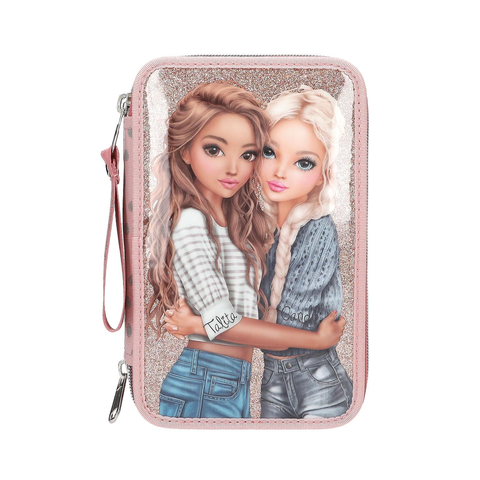 Depesche Federmäppchen Gefüllte 3-Fach Federtasche Rosa mit TOPModel Motiv, 20 cm, Punkte-Muster, Glitzer, Buntstifte, Schere, Lineal enthalten