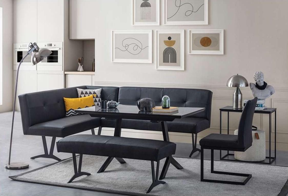 Essgruppe Elegantes schwarzes Esszimmer Set mit Lederbank und Stühlen
