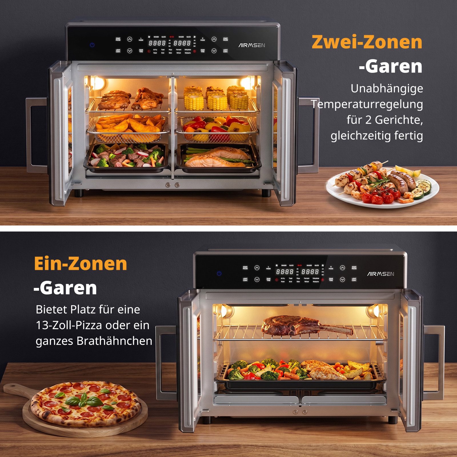 Airmsen Minibackofen 30L XL Heißluftfritteuse mit Doppeltür,2400W Minibackofen Umluft, 10 voreingestellte Programme,Smartes Zwei-Zonen-Garen,11 Zubehör
