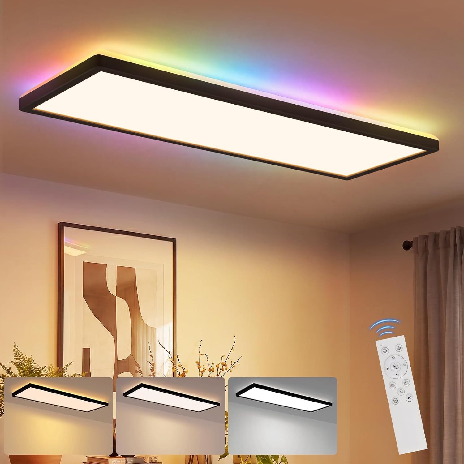 ZMH LED Deckenleuchte Modern 22W LED rechteckig Deckenlampe Dimmbar mit Fernbedienung Büro, Memory Function, LED fest integriert, Warmweiß-Neutralweiß-Kaltweiß, Hohe Farbwiedergabeindex