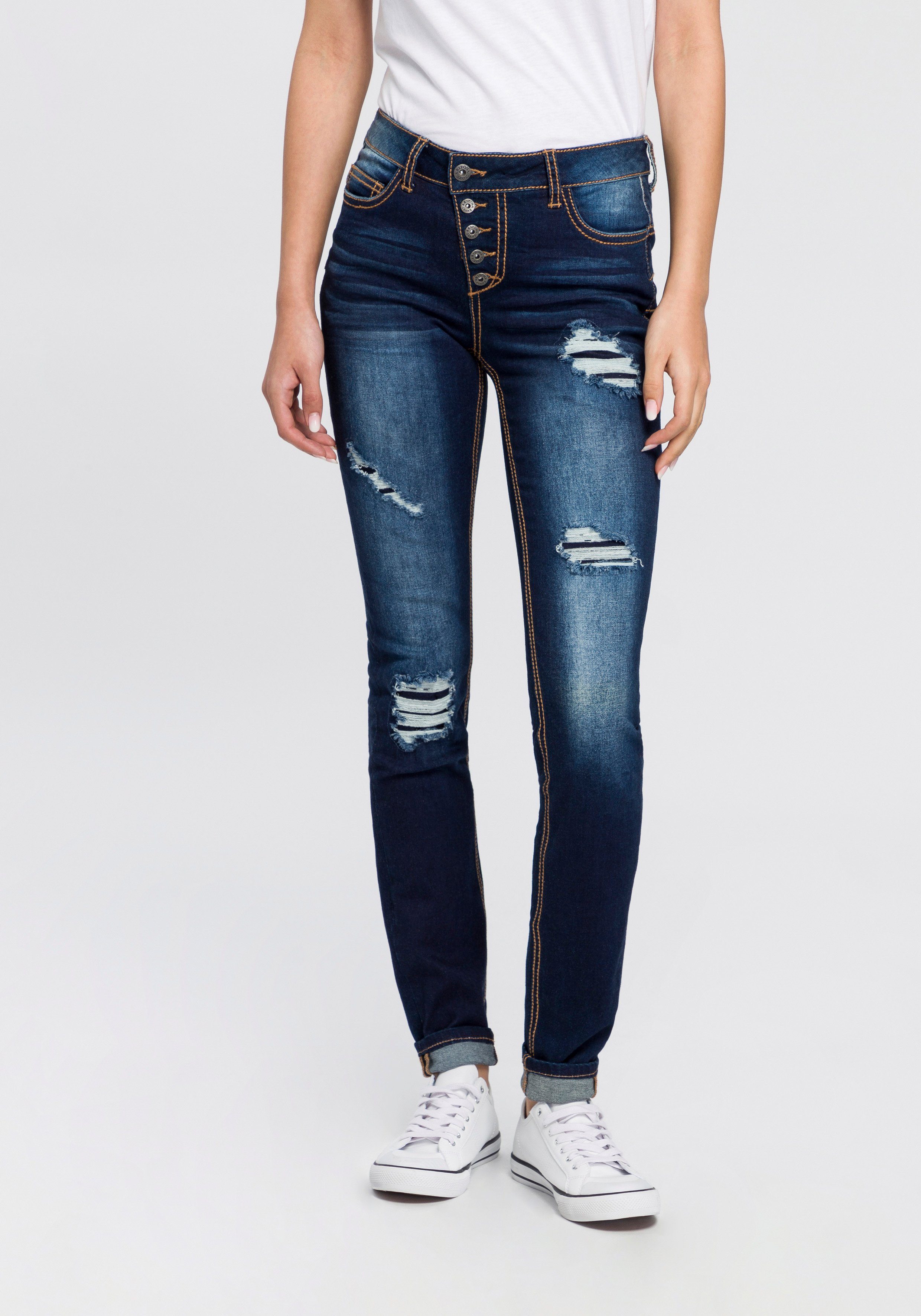 Arizona Slim-fit-Jeans »mit sichtbarer, schräger Knopfleiste« Mid Waist  online kaufen | OTTO