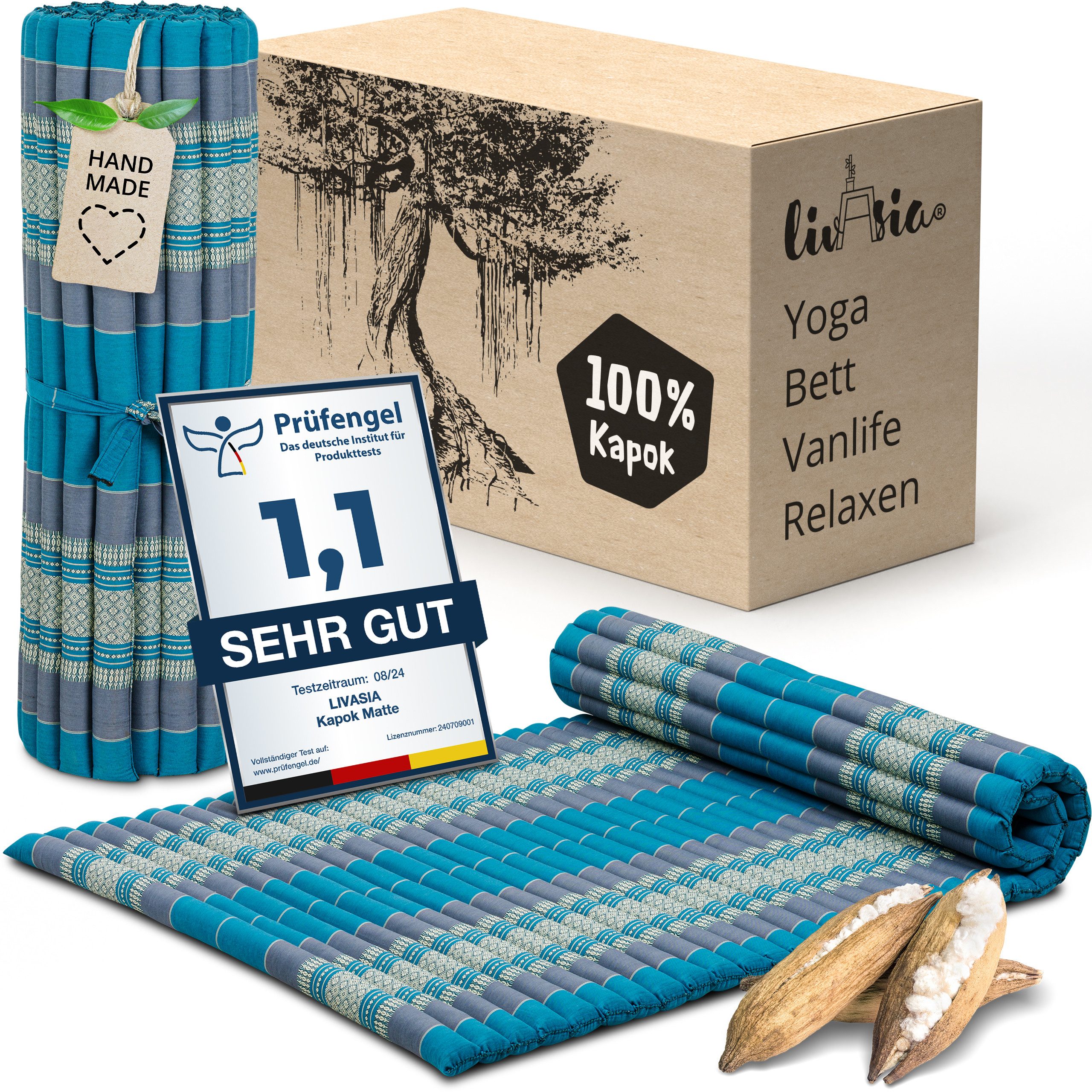 Reisebett-Matratzen Rollmatte 110 cm breit, vegan und handgefertigt, 200x110x4,5cm, livasia, Kapok