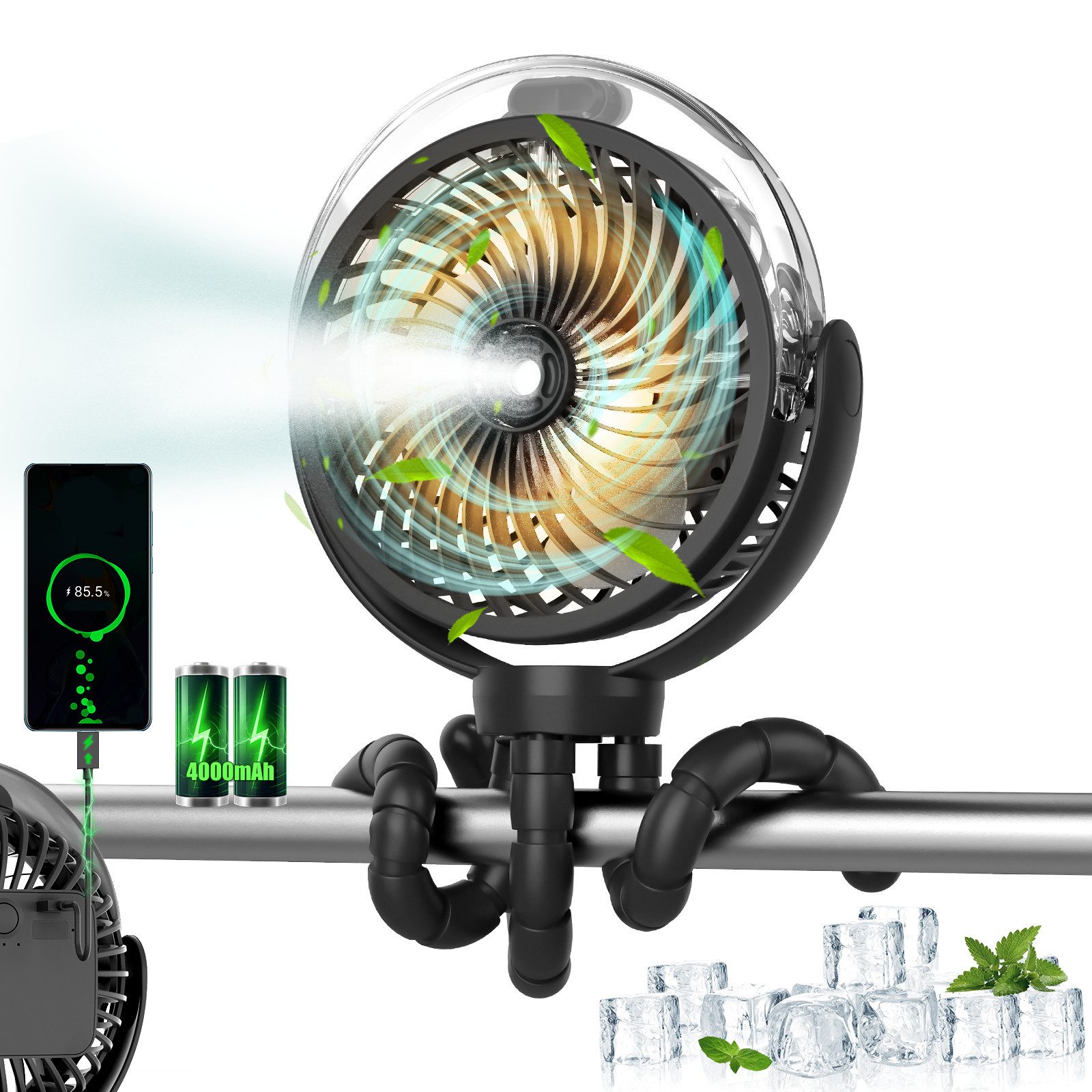 ATEROLL Tischventilator Mini-USB-Ventilator mit Oktopus-Basis,mit Nebel,einstellbarem Licht, 3 Geschwindigkeiten,leise Geeignet für Handheld/Desktop/Autositz