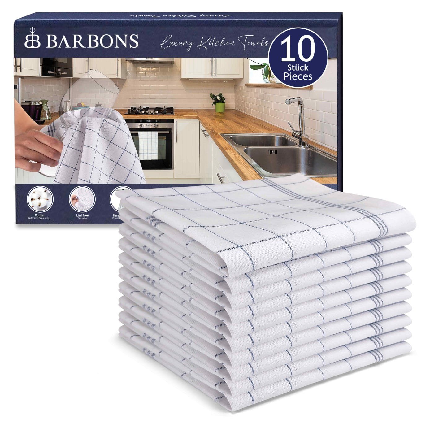 BARBONS Baumwolle, (10 Blau Allzweck Trockentuch, er, Qualität, 10-tlg), Geschirrtuch Premium Geschirrtücher, Tücher, 100%