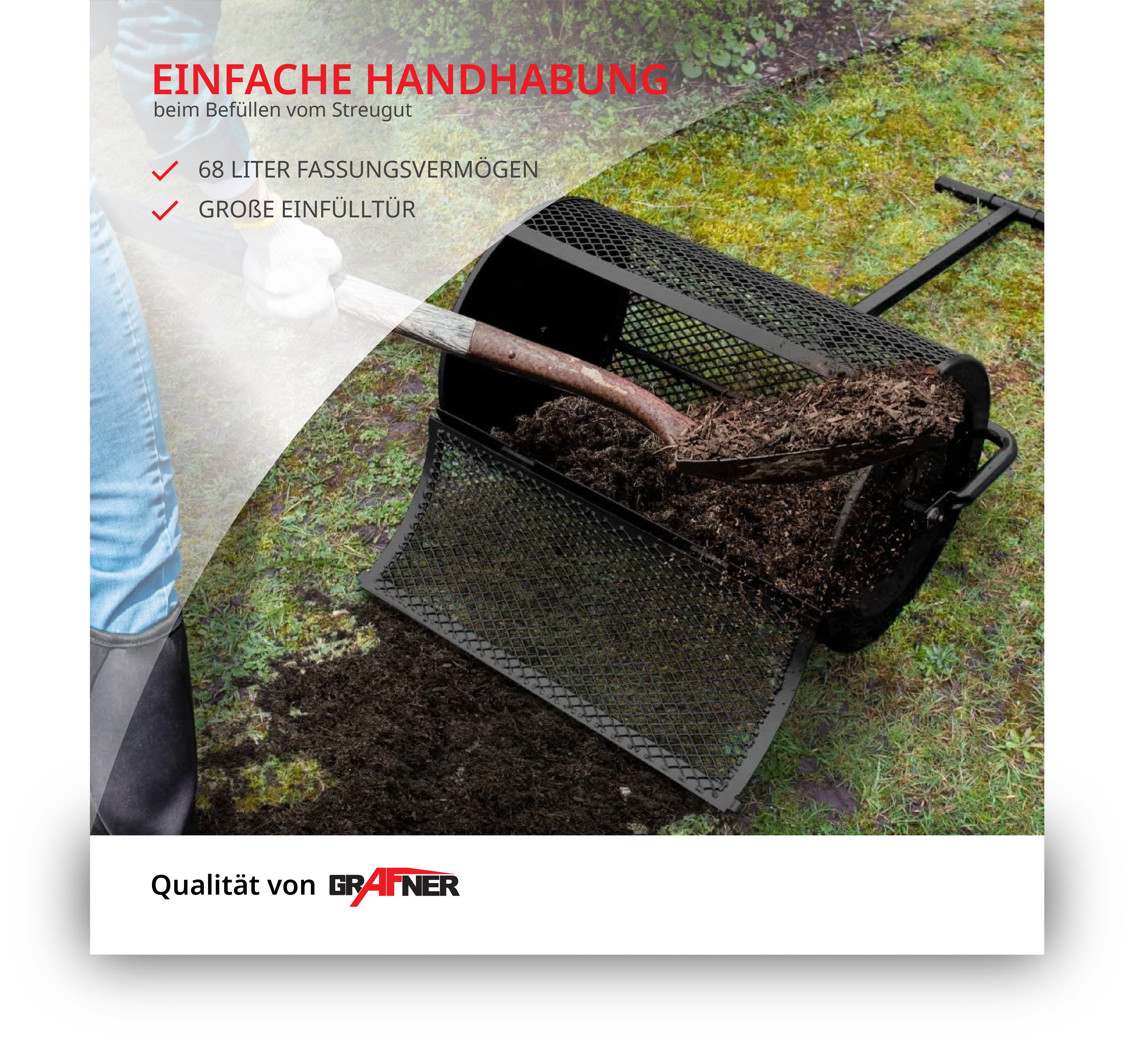 Grafner Streuwagen Rasenstreuer 68L Kompoststreuer Torfstreuer Düngerstreuer Garten, 60,00 cm Arbeitsbreite, 68,00 l Füllmenge, zum gleichmäßigen Ausbringen von Saaten, Dünger uvm.