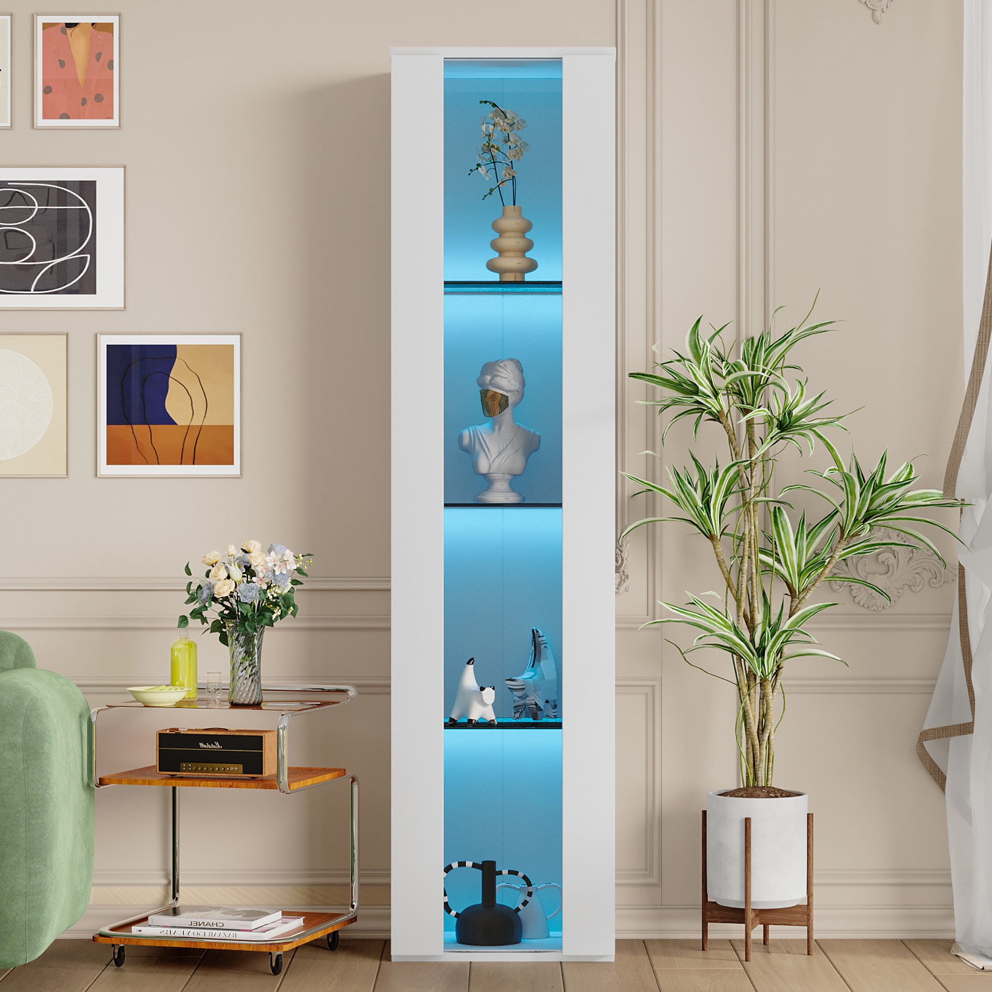 Flieks Glasvitrine Hochschrank Vitrine mit LED-Beleuchtung und Glaseinlegeböden (wandmontage oder bodenstehend, 1-St., B40/T29/H170 cm) multifunktionale Standvitrine mit Acryltüren Wohnzimmerschrank Weiß