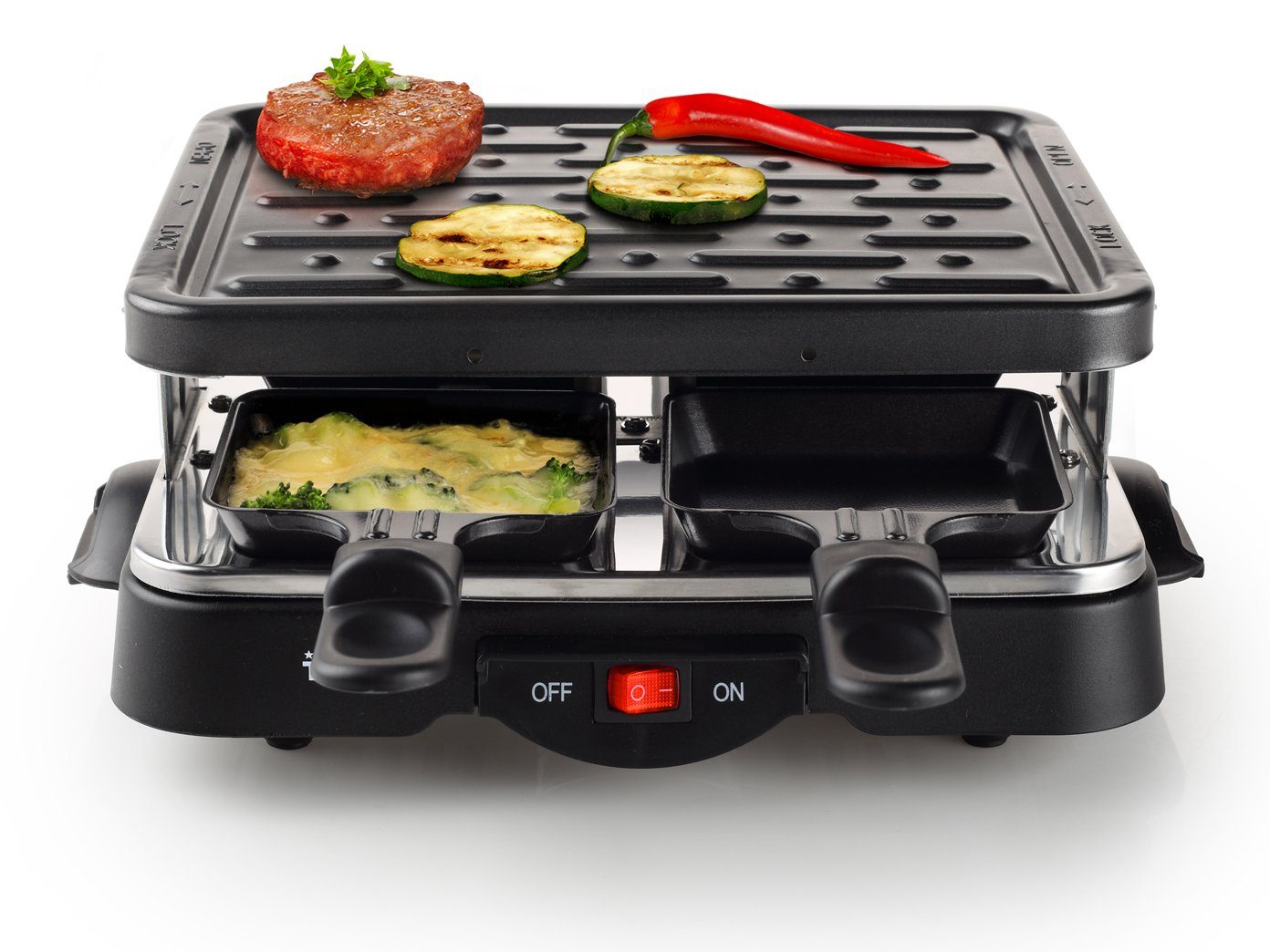 Tristar Raclette, 4 Raclettepfännchen, Kleiner Tischgrill für 2-4 Personen, mini Raclet Gerät & Gabeln