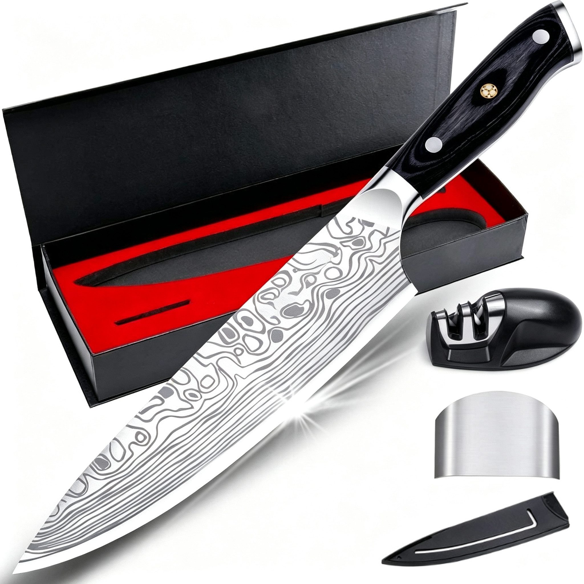 ibettertec Messer-Set Kochmesser Profi Messer 20 cm Scharfes Küchenmesser mit Messerschärfer (Profi-Chefmesser-Set mit Schärfer, Fingerschutz und Geschenkbox), Chefmesser aus Edelstahl Komfortabler Holzgriff, mit Messerschärfer