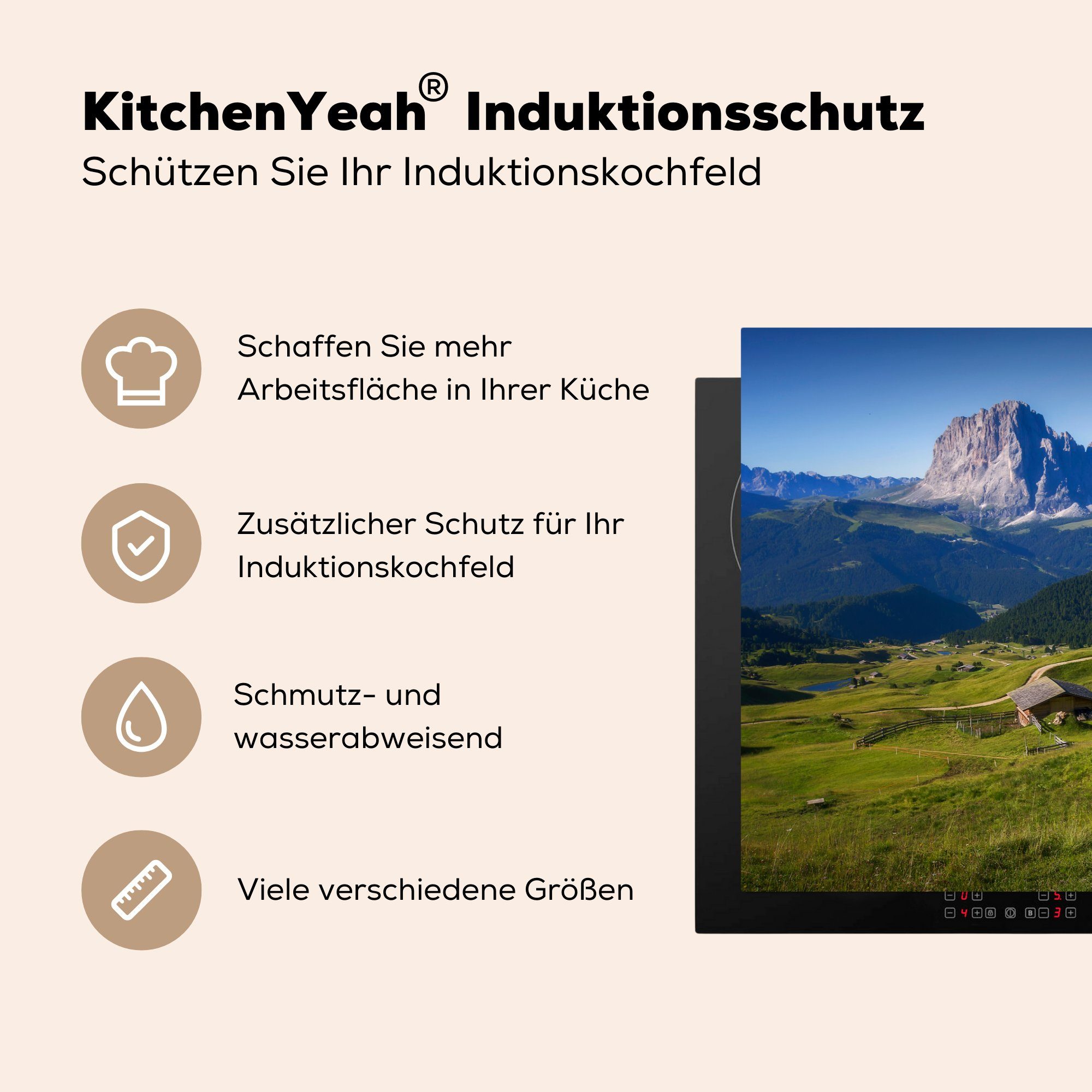 MuchoWow Herdblende-/Abdeckplatte Ceranfeldabdeckung Kuh - 81x52 Alpen, die Vinyl, für küche, Induktionskochfeld cm, Schutz - Berg tlg), (1