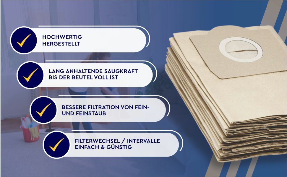 M&M Smartek Staubsaugerbeutel 10x / wie Kärcher MV3, Papier-Filter-Tüten SE4001, AXXXX, MV-Serie, für Filterleistung, 69591300, passend WD-Serie, Kärcher hohe 10 6.959-130.0 St., Reißfestigkeit hervorragender A-Serie, für Nass-/Trockensauger WD3