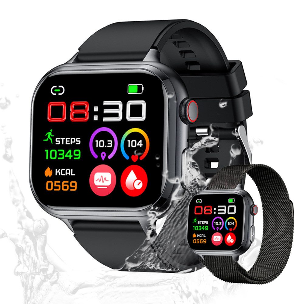 Valdus Damen's und Herren's Telefonfunktion IP68 Wasserdicht Fitness-Tracker Smartwatch (1.91 Zoll, Android/iOS), Elegante Fitness-Uhr mit ECG, Schlafanalyse und mehr als 20 Sportmodi