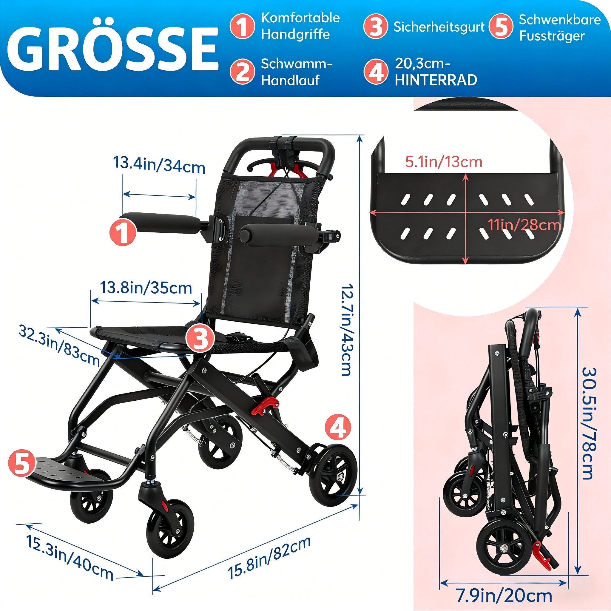 Rutaqian Rollstuhl Rollstuhl faltbar leicht, Reiserollstuhl ultraleicht faltbar 5,9 kg, mit Sicherheitsgurt und Tragetasche, Leichter Rollstuhl bis 130 kg