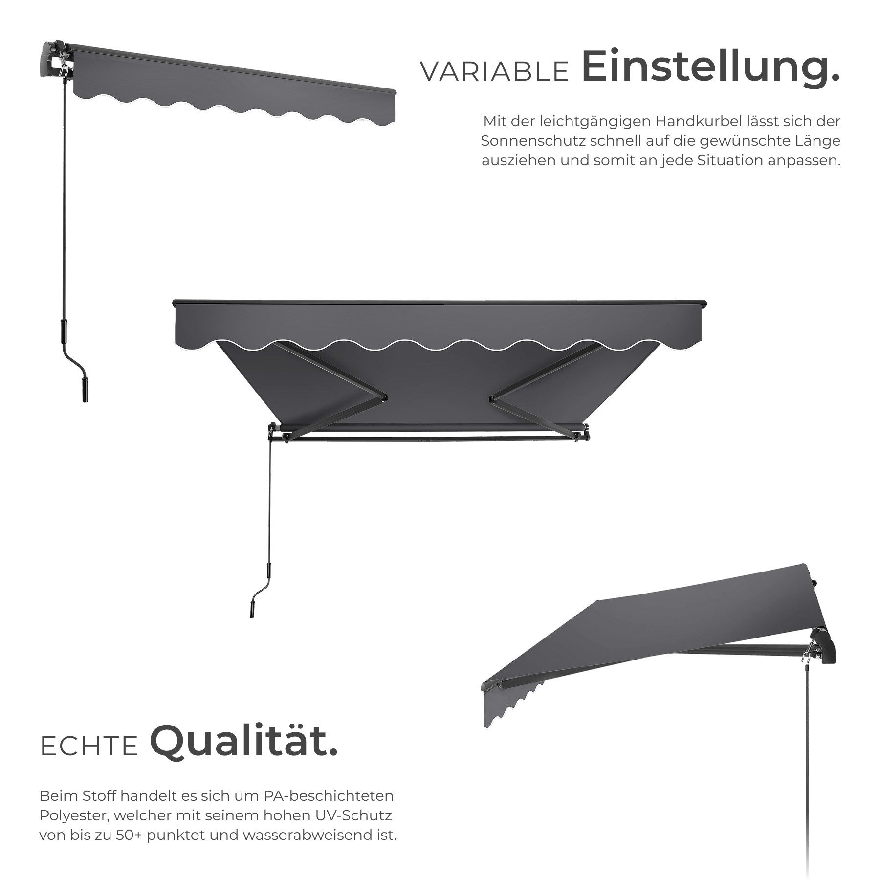 tectake Seitenarmmarkise Sichtschutz Garten mit Wandhalterung, UV-beständig und (Balkonmarkise Ornella, in dunkelgrau) verschiedene Größen, stabile Gelenkarme, leichtgängige Handkurbel