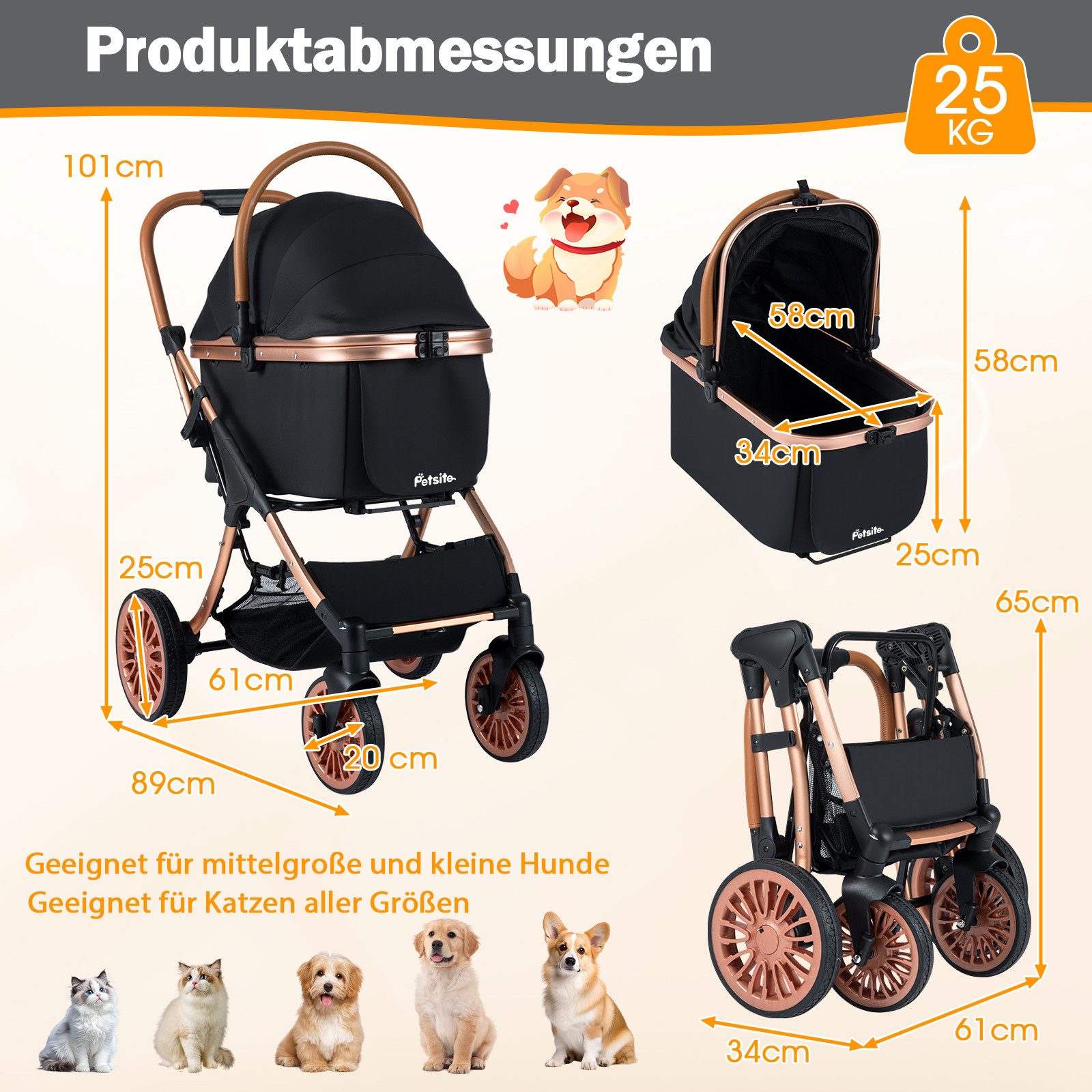 COSTWAY Hundebuggy, (1-tlg), Hundewagen mit Sonnenschutz, Reisewagen, faltbar