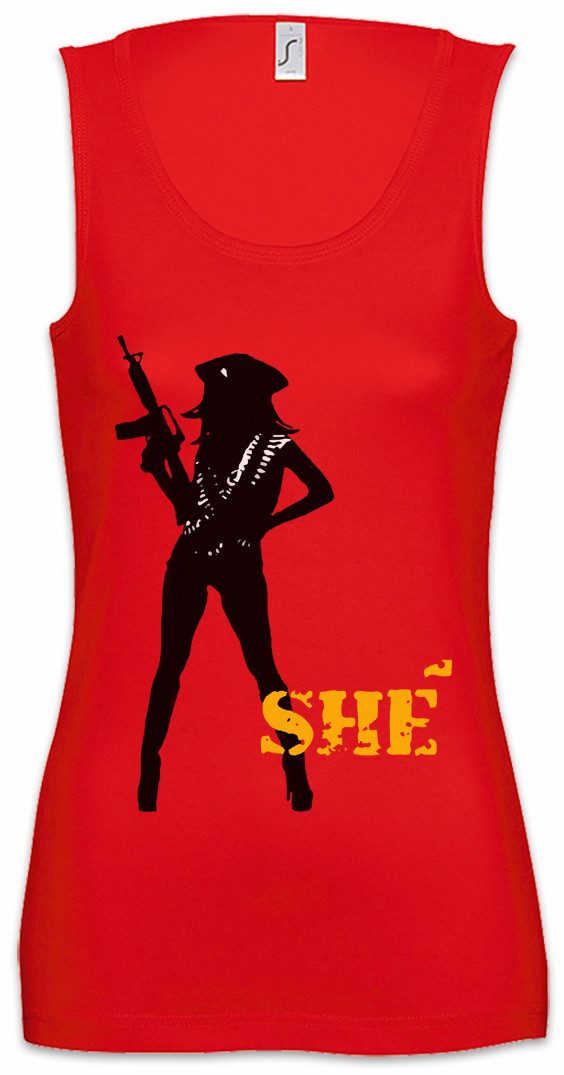 Urban Backwoods Tanktop She Guerilla Logo Ärmelloses Damen T-Shirt Symbol Sign Road Machete Guevara Guerilla Kills Danny
