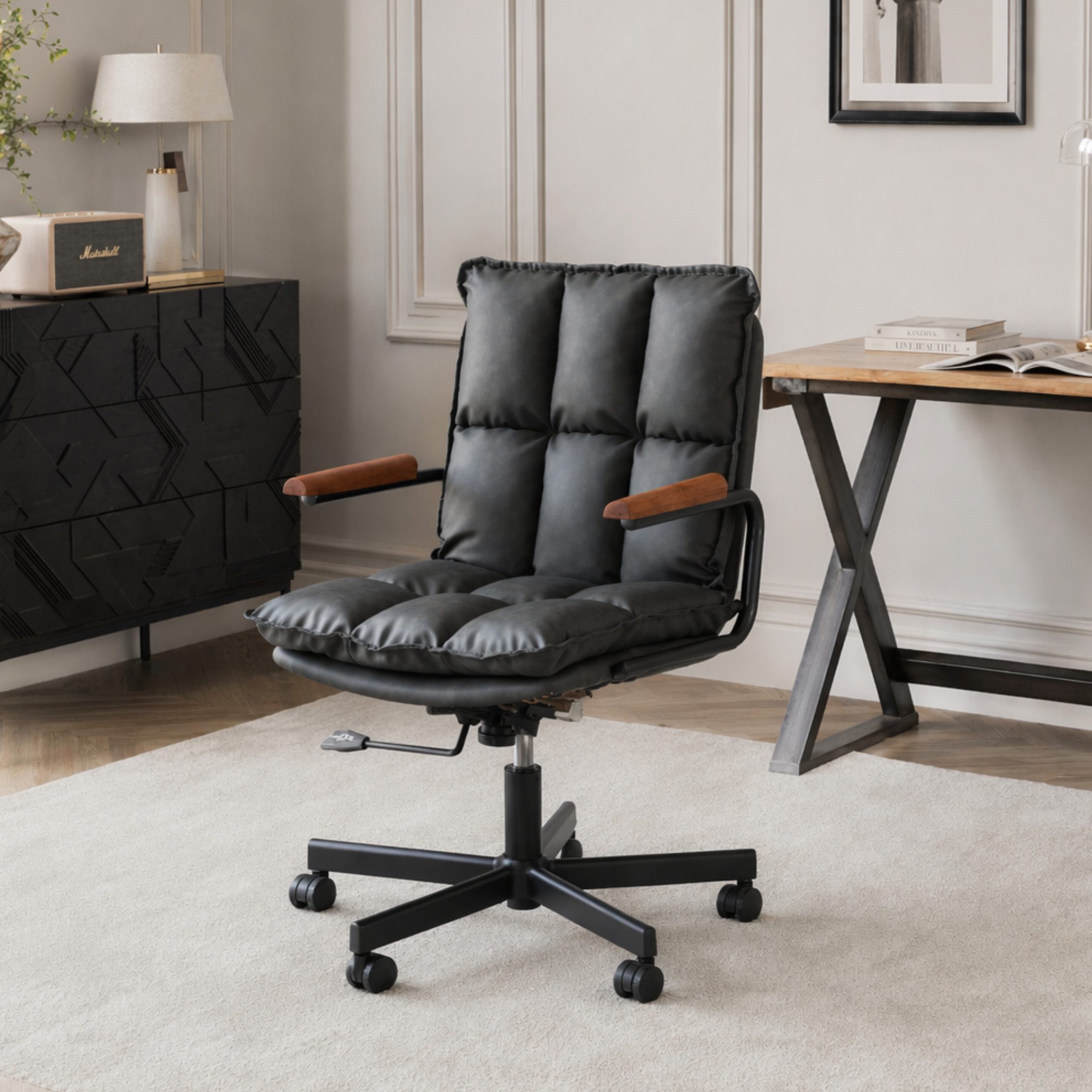 SeedWave Bürostuhl Höhenverstellbarer Drehstuhl mit Eichenholz-Armlehnen, 136kg belastbar, Industrial Design, Kunstleder Schreibtischstuhl mit Wippfunktion