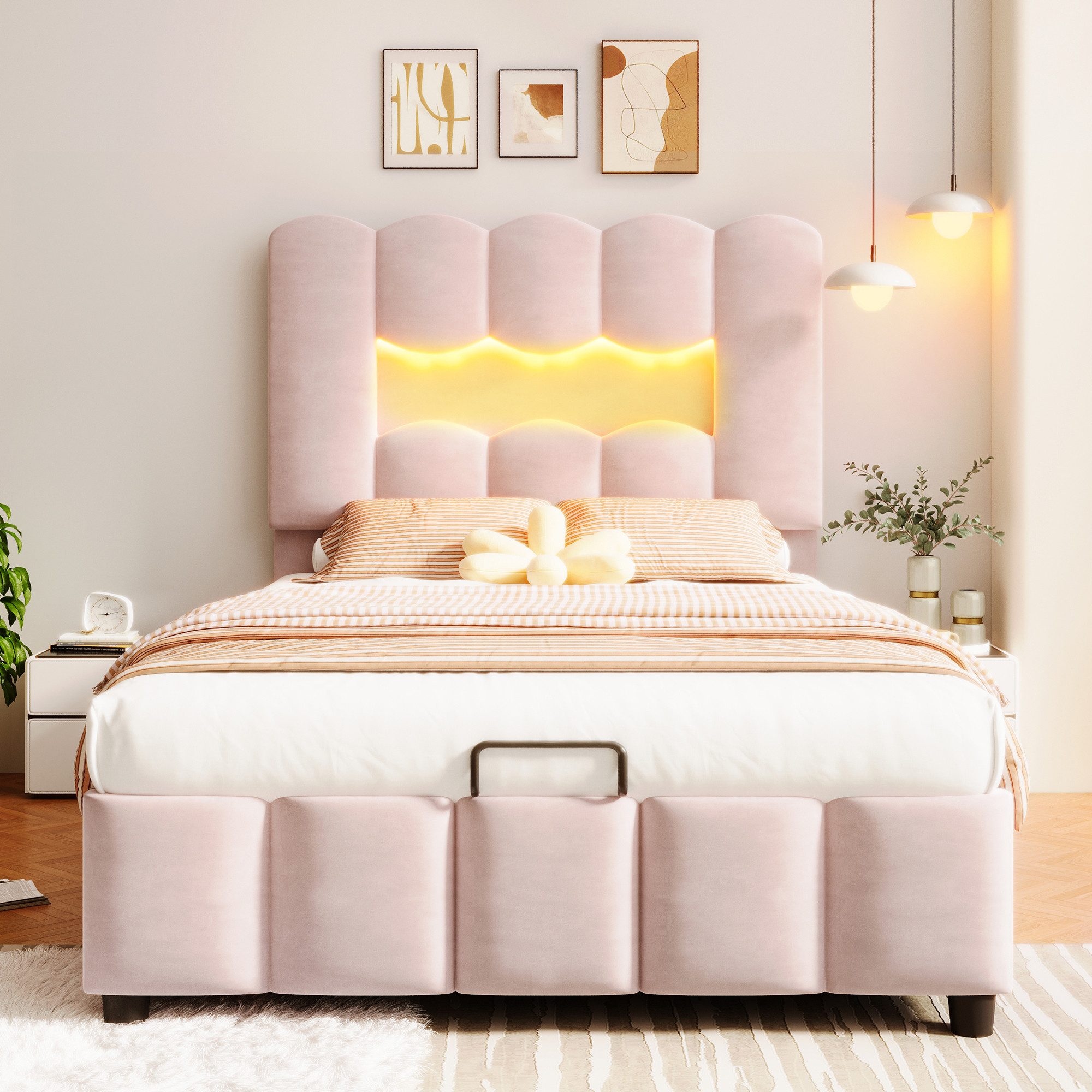 STILVORA Polsterbett 90×200 mit LED-Licht,Kinderbett Bettgestell mit Bettkasten,Samtstoff (LED-Beleuchtung, Hydraulischer Stauraum, Verstellbares Kopfteil, Samt, 1-tlg., 90x200 cm), ohne Matratze