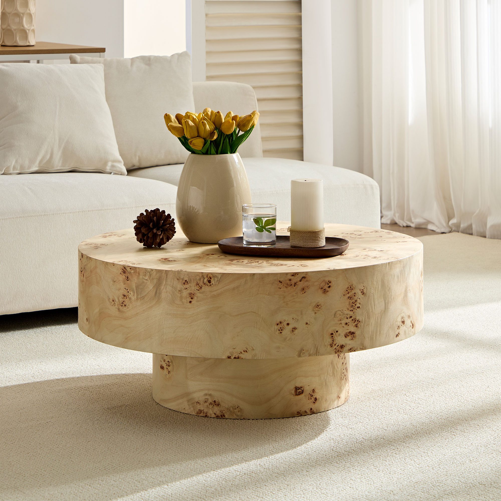 WILLIAMSPACE Couchtisch Benno Runder Couchtisch mit Burl Furnier-Minimalistischer Couchtisch (1 St), Maße ca.: B80 x T80 x H35 cm