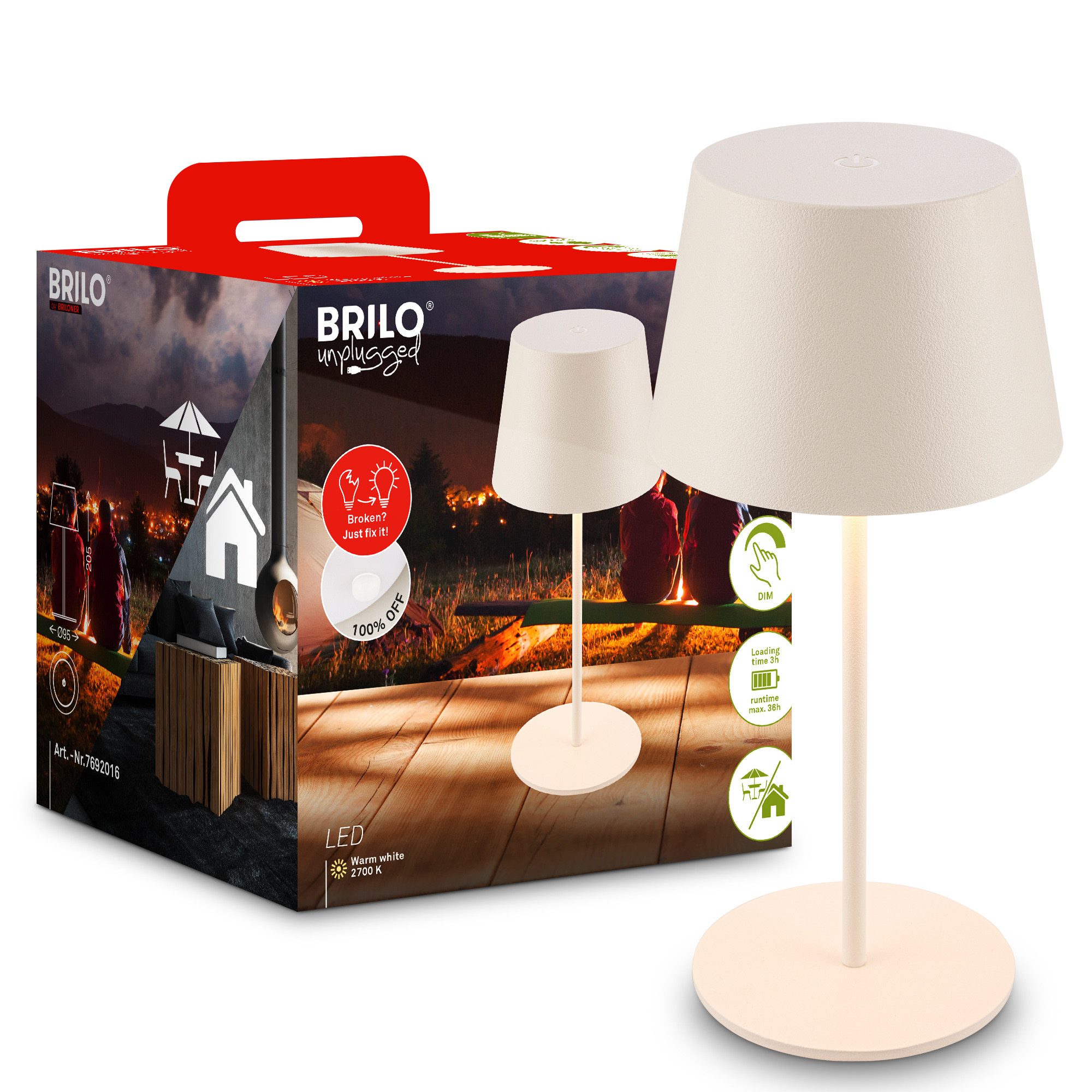 Briloner Leuchten Tischleuchte LED Tischlampe kabellos akku dimmbar In-/Outdoor Wohnzimmer, Einzelpack, LED fest integriert, 3.000K - Warmweiß, mit Akku, In-/Outdoor, USB-C, warmweiß, IP44, weiß, 35 cm