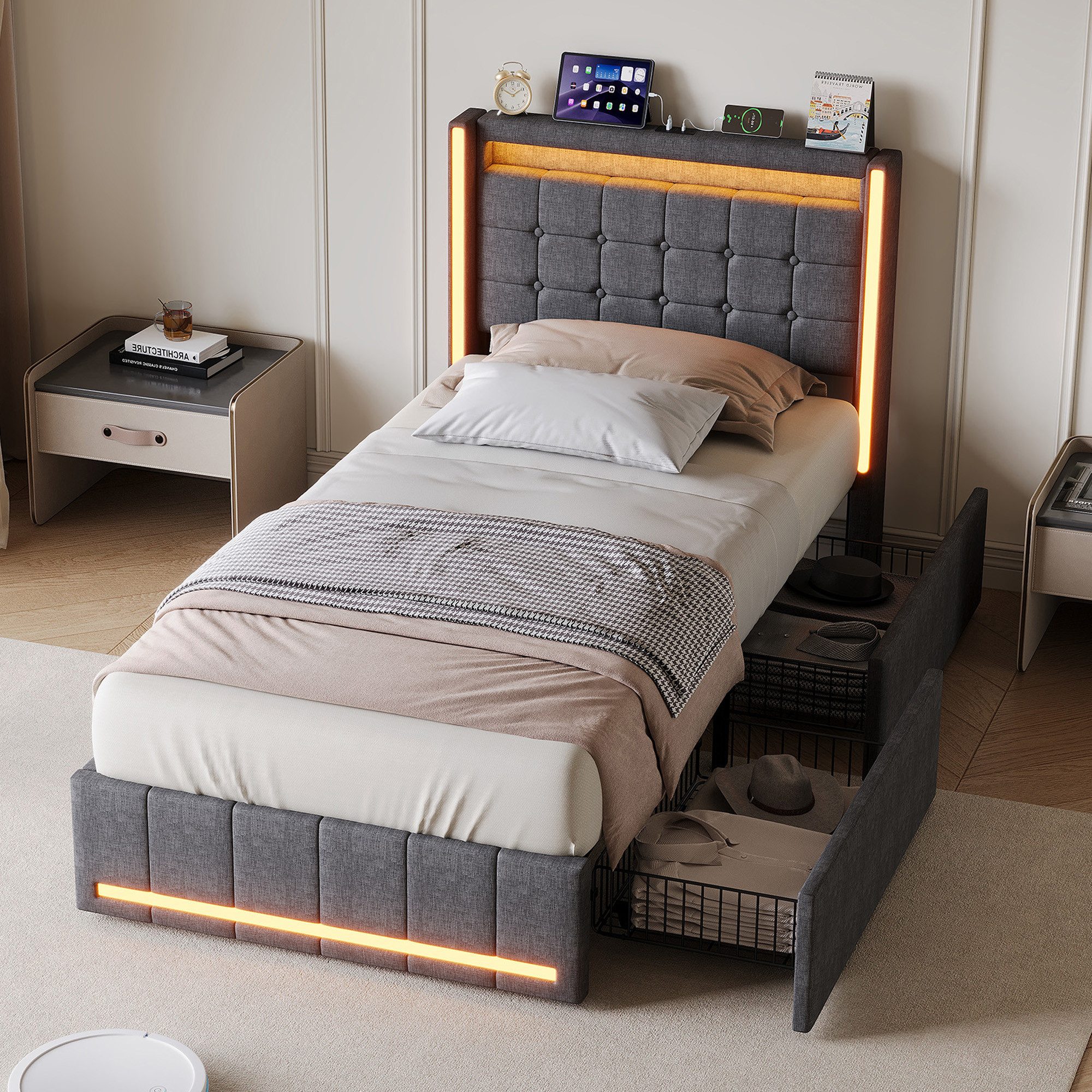 ADWOLT Stauraumbett Polsterbett Mit LED-Beleuchtung,mit USB + Typ C (1-tlg., Jugendbett mit Schubladen), 90x200 cm,Bettgestell mit Kopfteil und Lattenrost,Leinenstoff - Grau