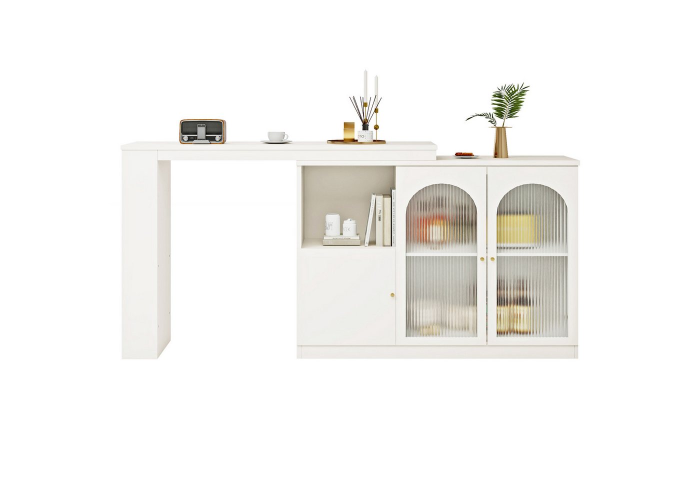 i@home Bartisch Um 360° drehbarer, Hauptkörper 120 x 40 x 97 cm (Bis 60 kg belastbar, Aufbewahrungsschrank mit Changhong-Glastür), moderner und einfacher weißer rotierender Ess- und Barschrank