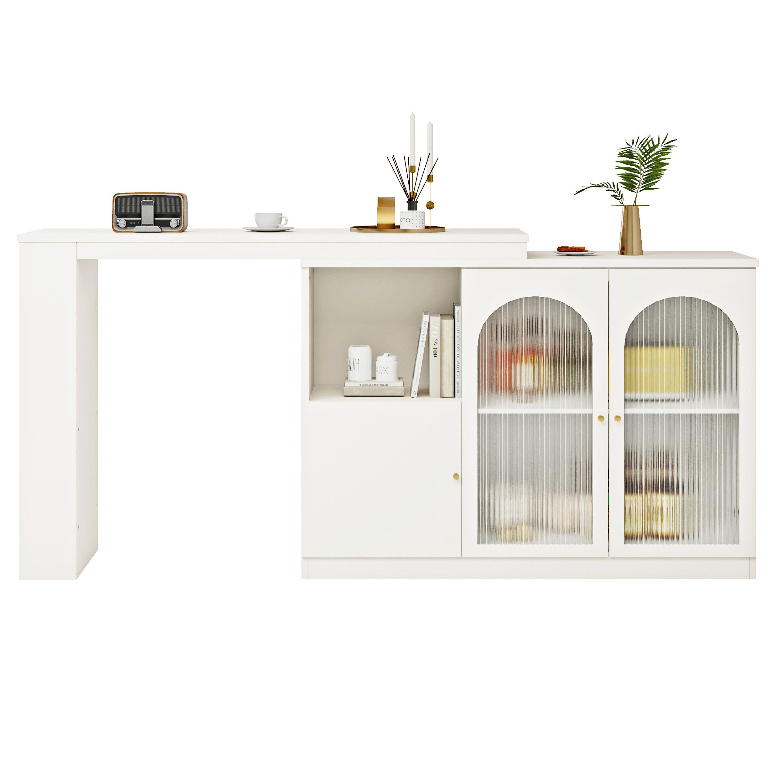Wiuzo 360° Drehbarer Bartisch 120cm - Weißer Barschrank Mit Glastüren
