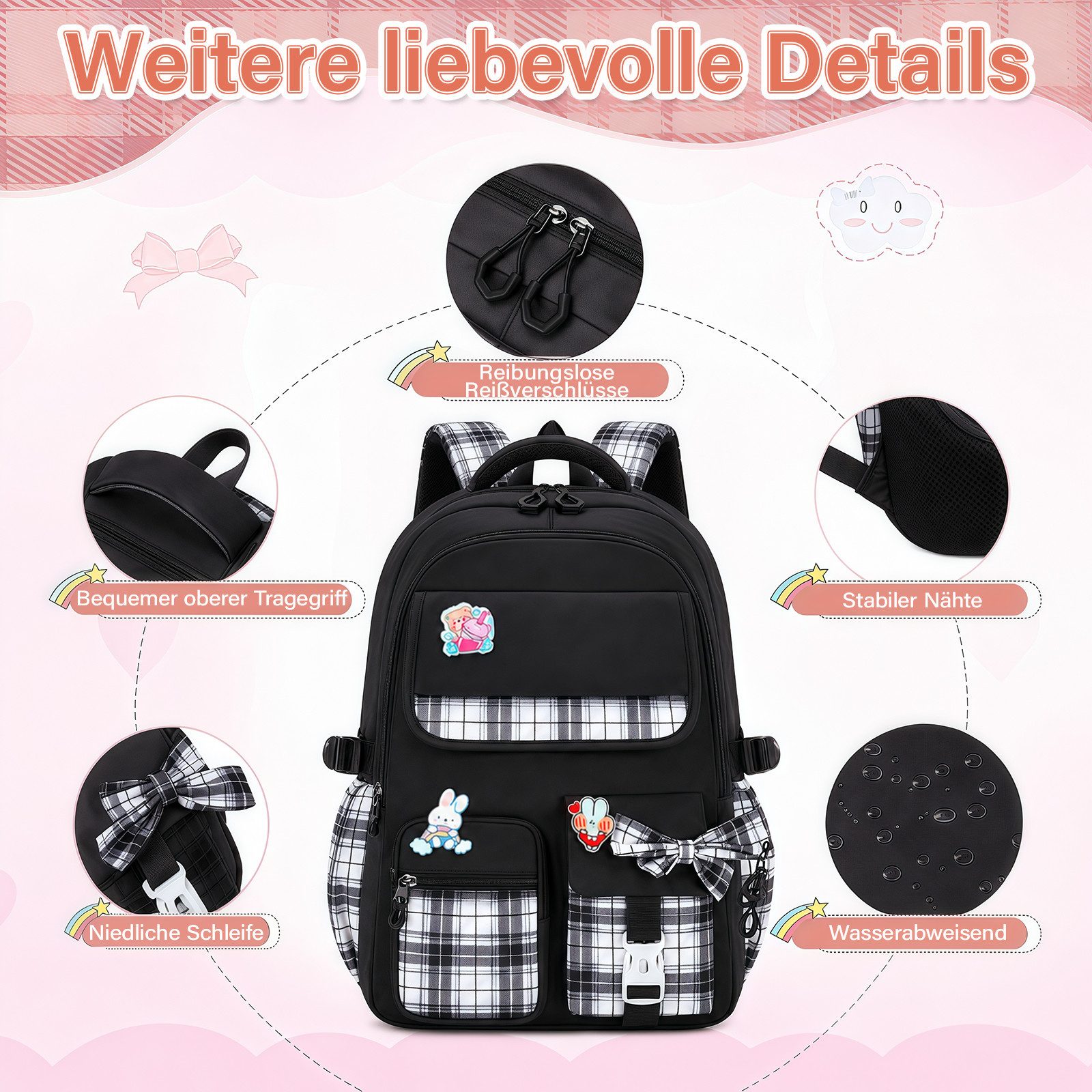 MOPUEA Schulrucksack Schulrucksack Set 3-tlg Wasserabweisend Ergonomisch mit Viele Fächer (Schulrucksack Set mit Lunchtasche und Federmäppchen, Rucksack Lunchta – Bild 5 von 5